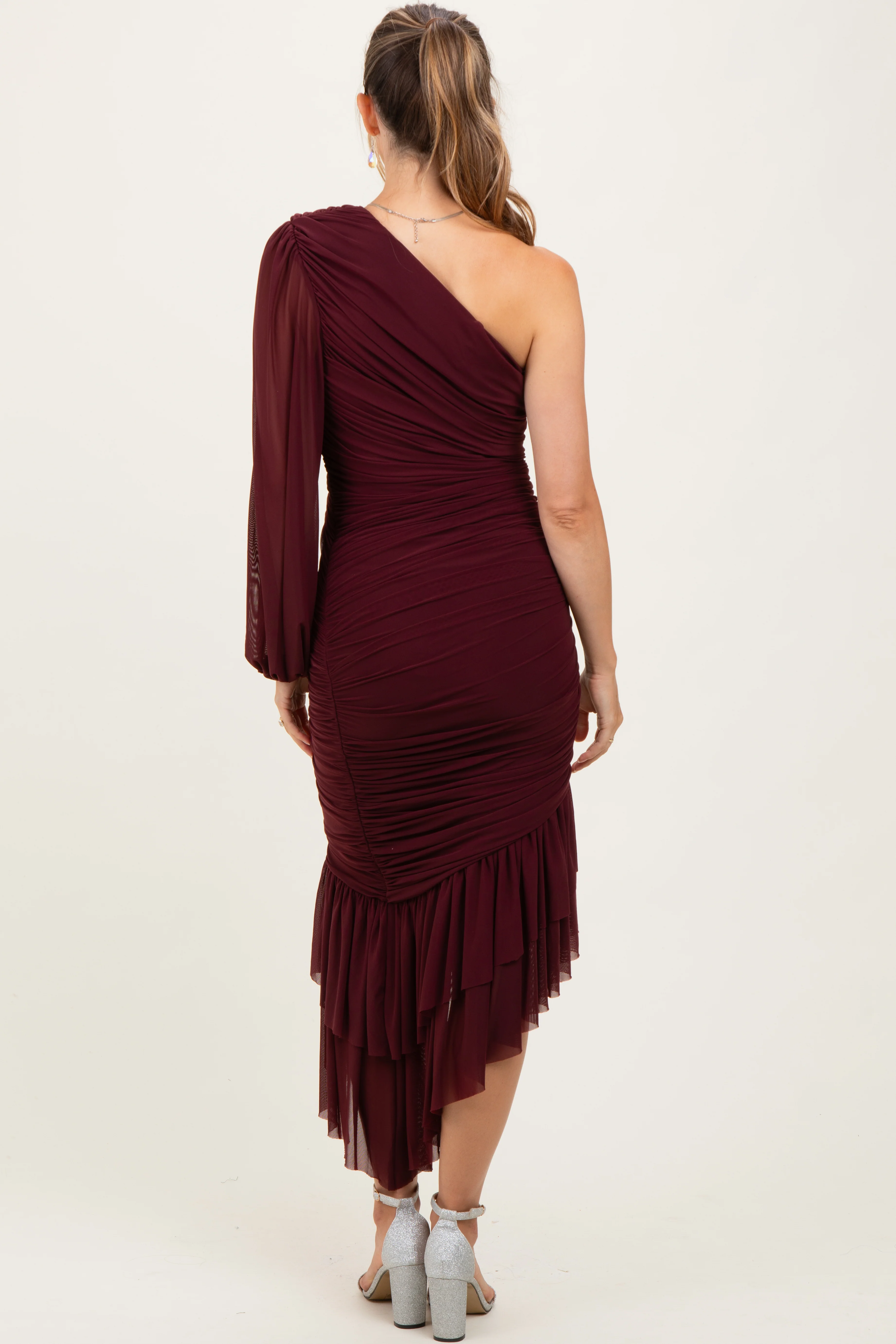 Dark Burgundy Mesh Ruched One Shoulder Asymmetric Maternity Dress - Image 4