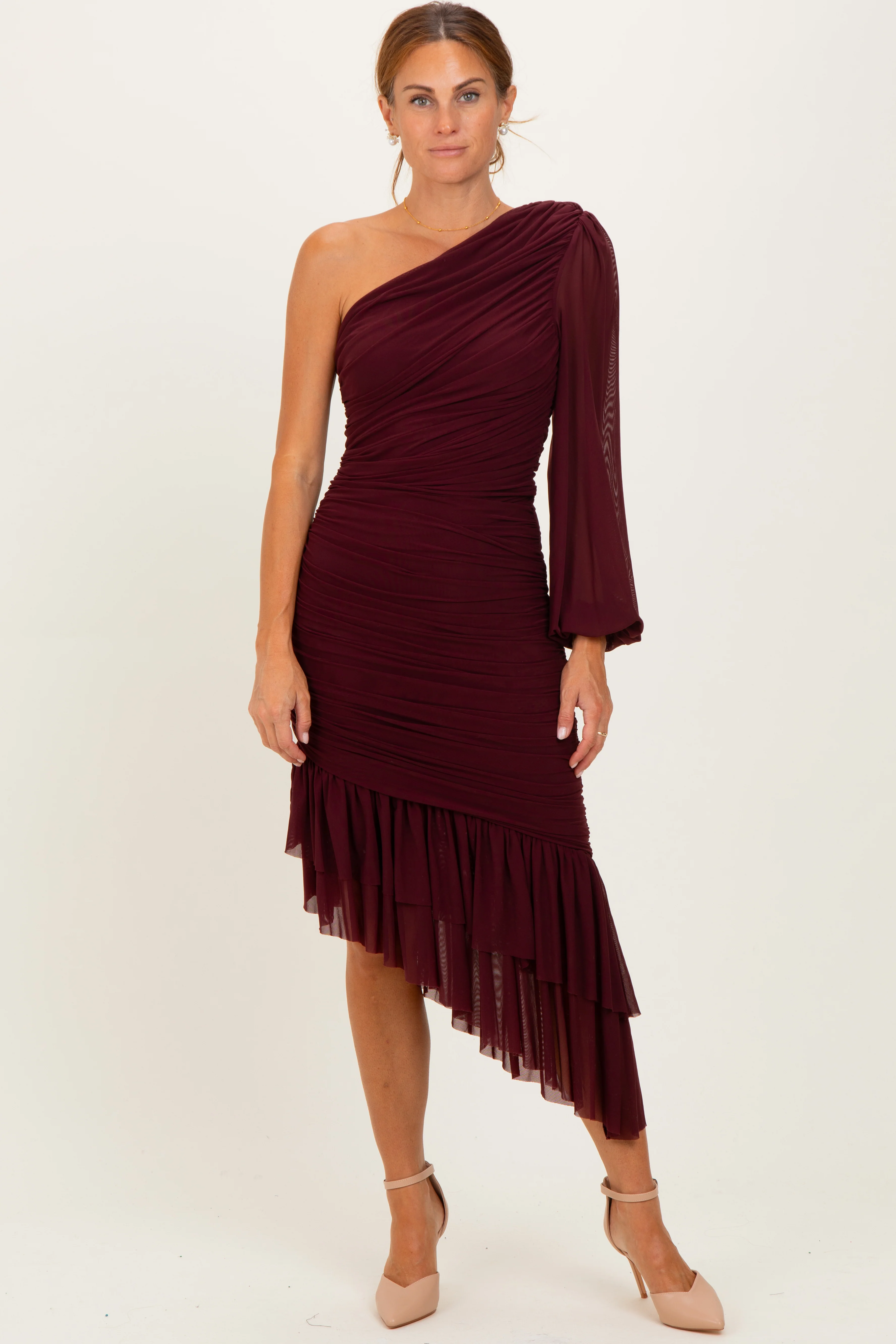Dark Burgundy Mesh Ruched One Shoulder Asymmetric Maternity Dress - Image 5