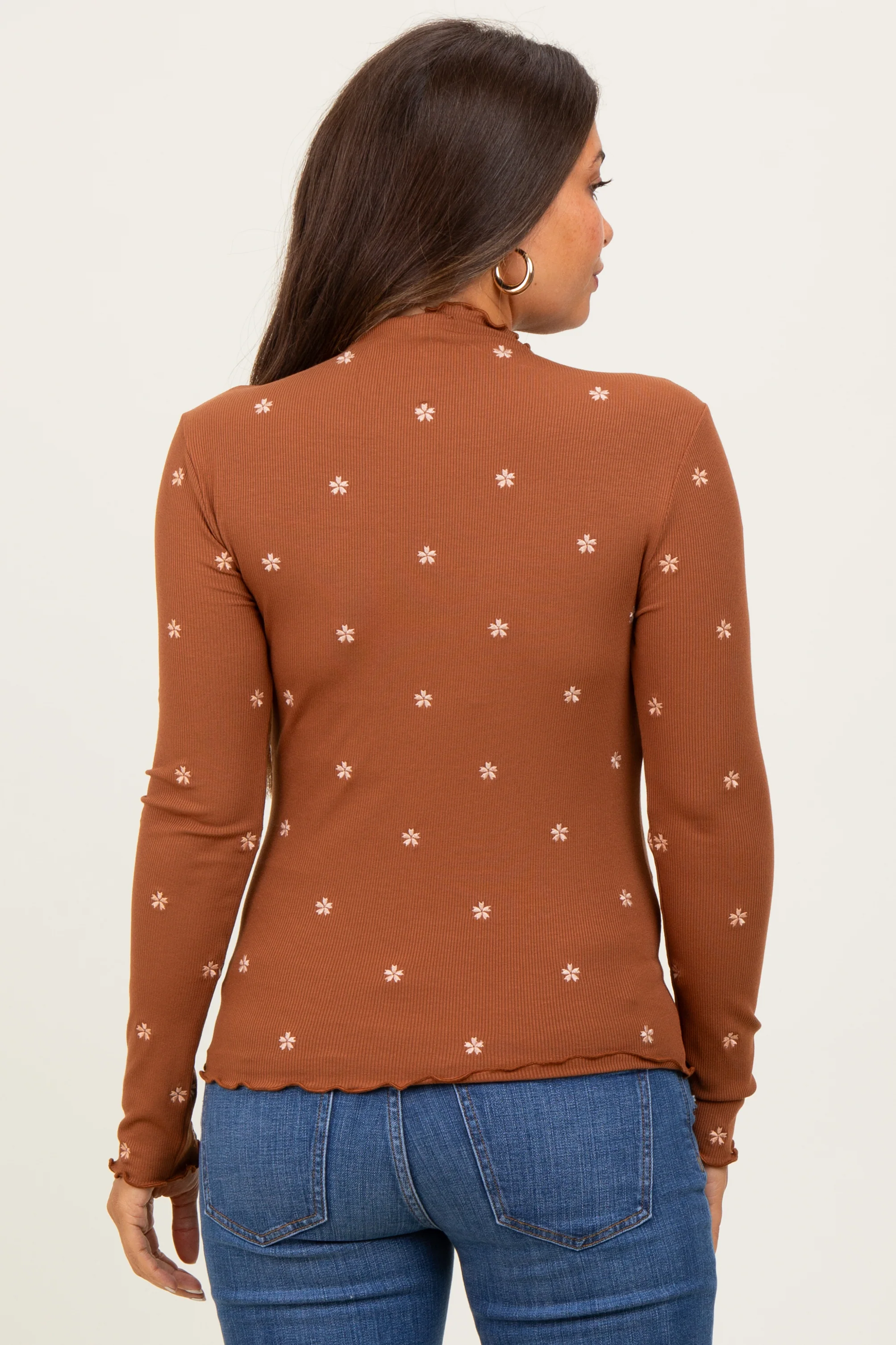 Dark Camel Knit Embroidered Floral Ruffle Hem Maternity Top - Image 4