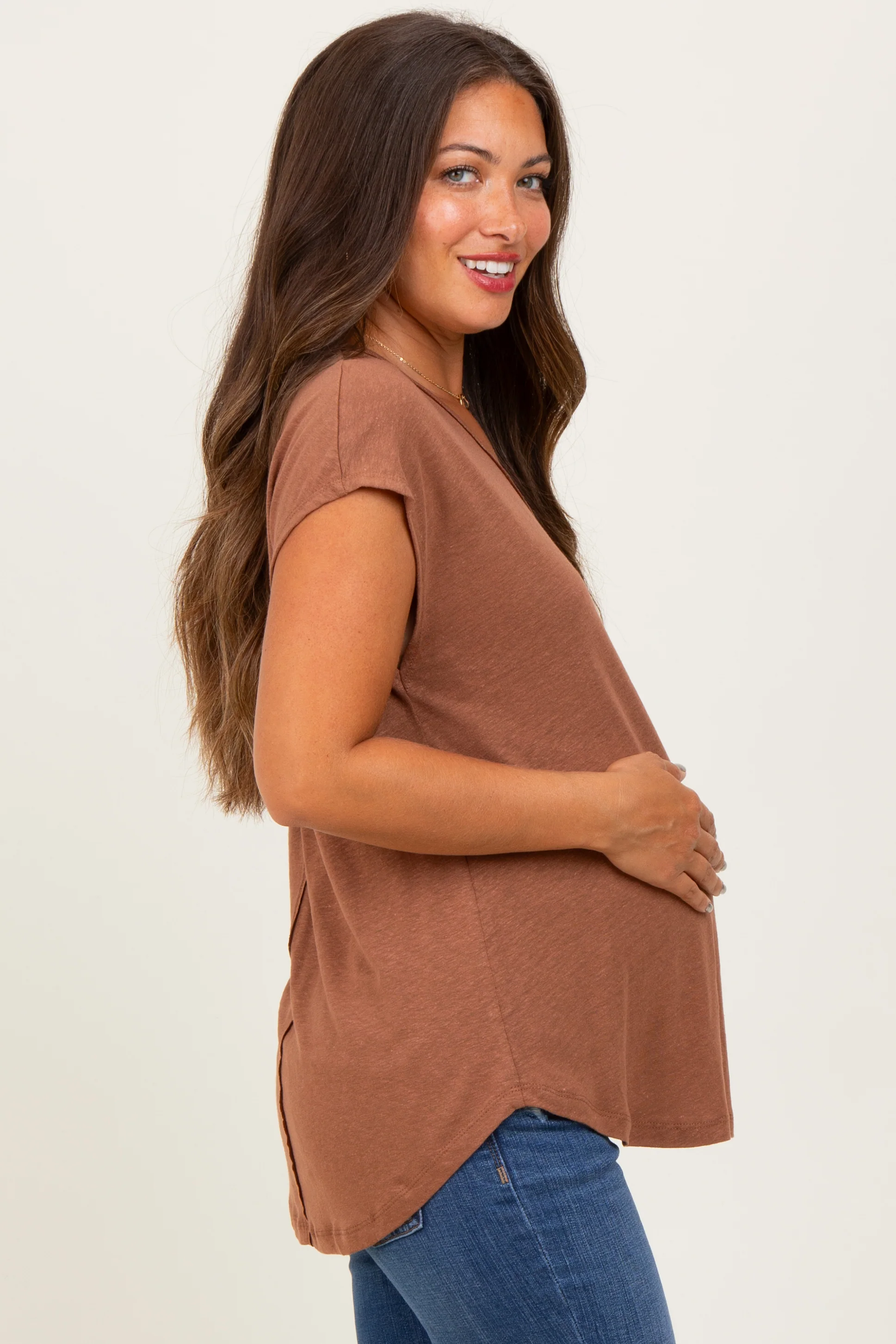 Dark Camel V-Neck Maternity Top - Image 3