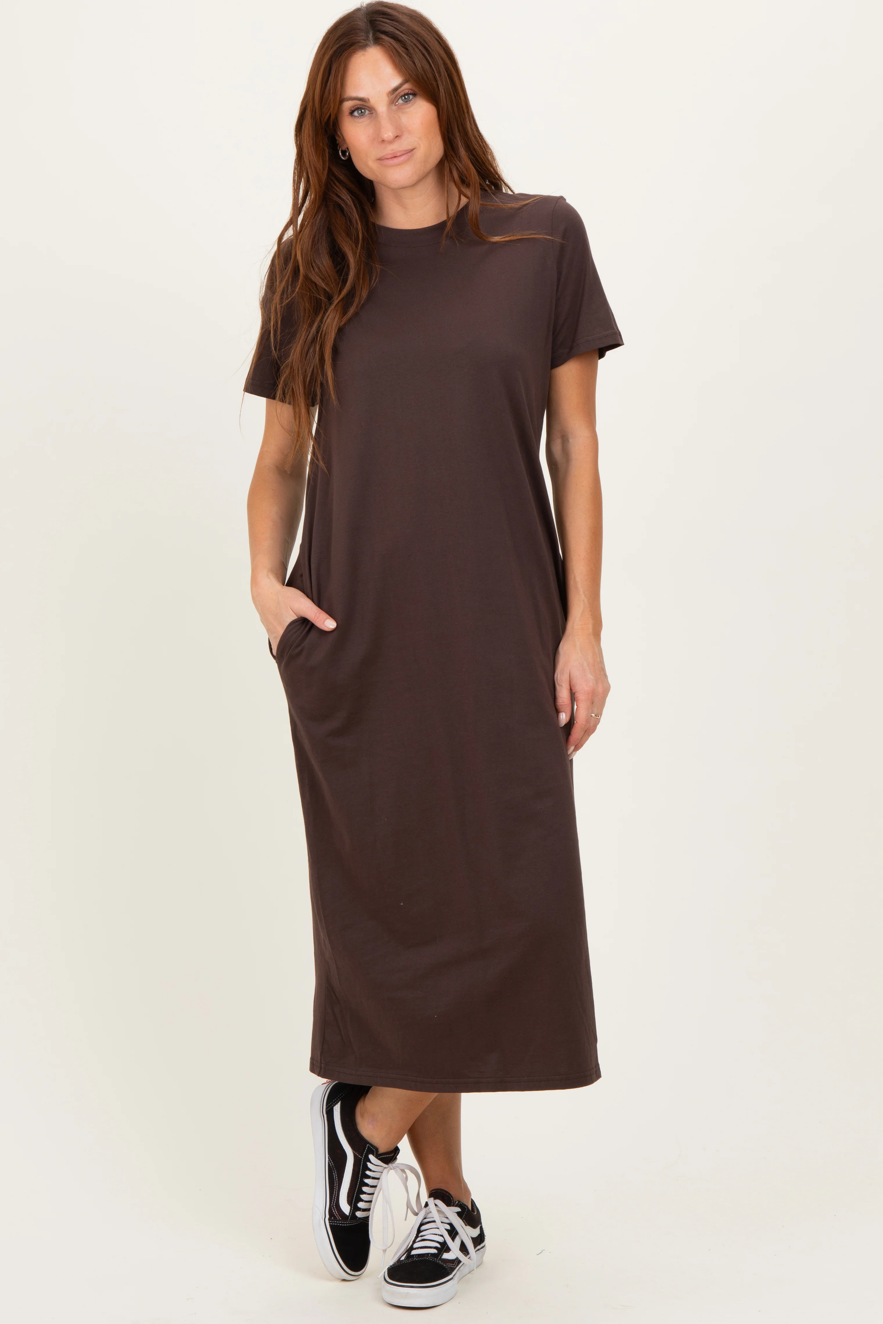 Dark Chocolate Cotton T-Shirt Maternity Midi Dress - Image 6