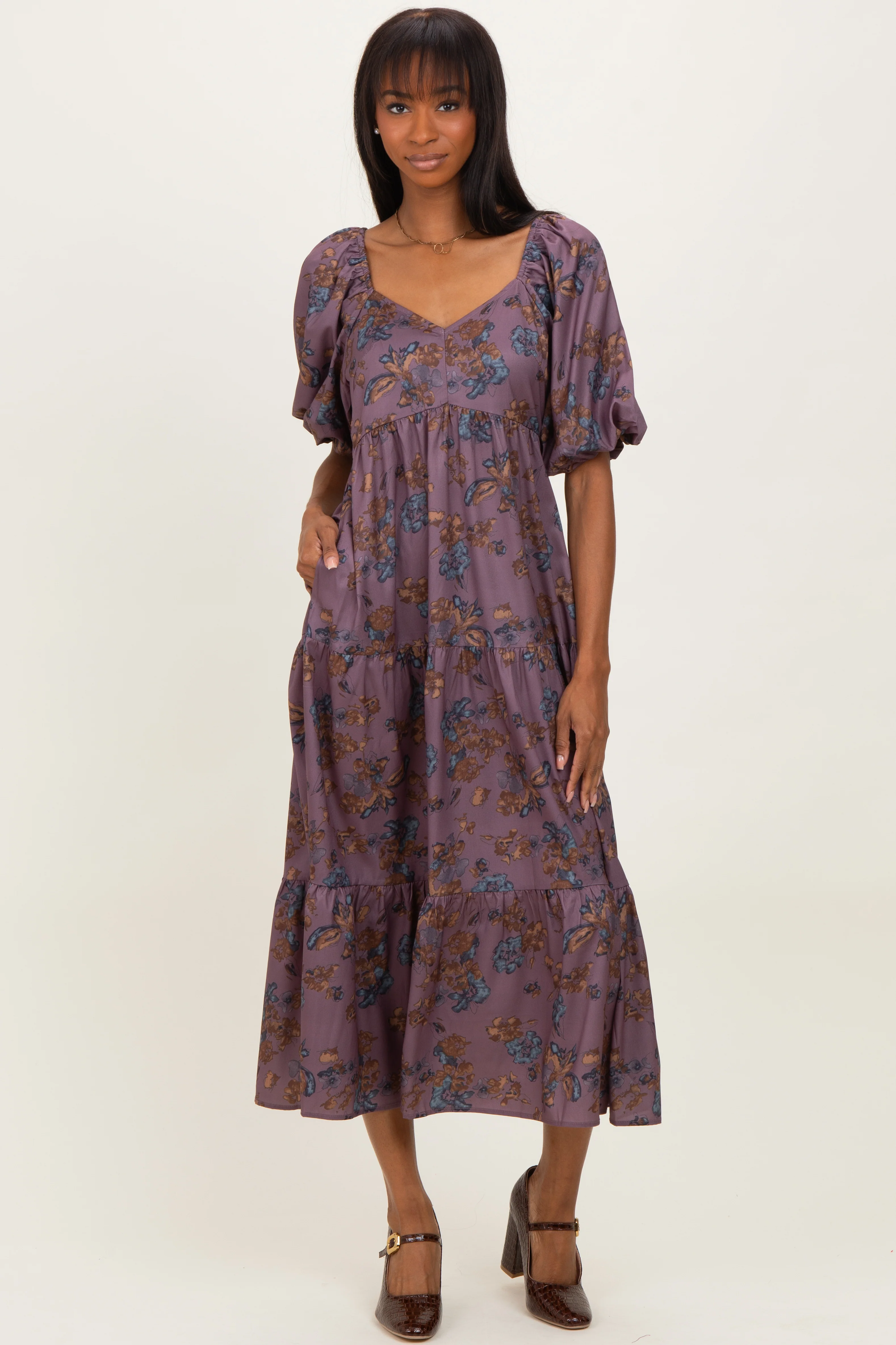 Dark Mauve Floral Bubble Sleeve Tiered Maternity Maxi Dress - Image 5