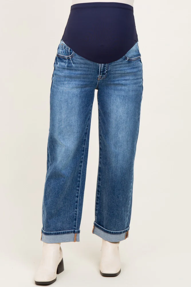Dark Mid Rise Ankle Barrel Turn Up Cuffed Maternity Jeans - Image 4