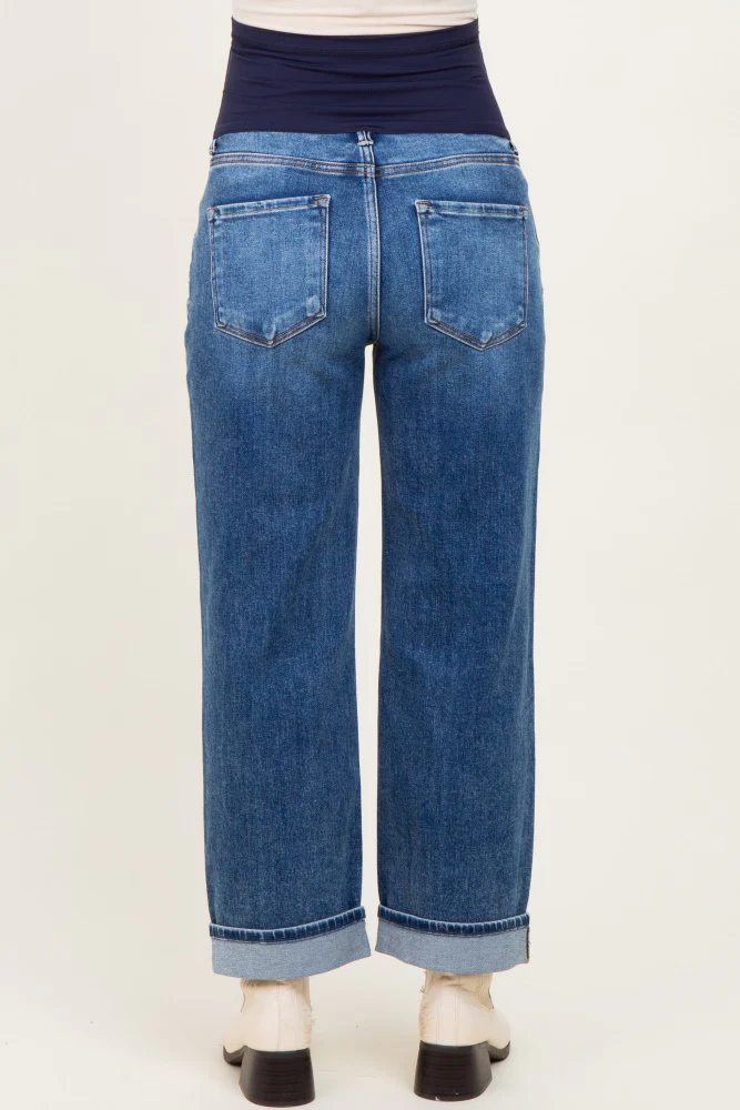 Dark Mid Rise Ankle Barrel Turn Up Cuffed Maternity Jeans - Image 6