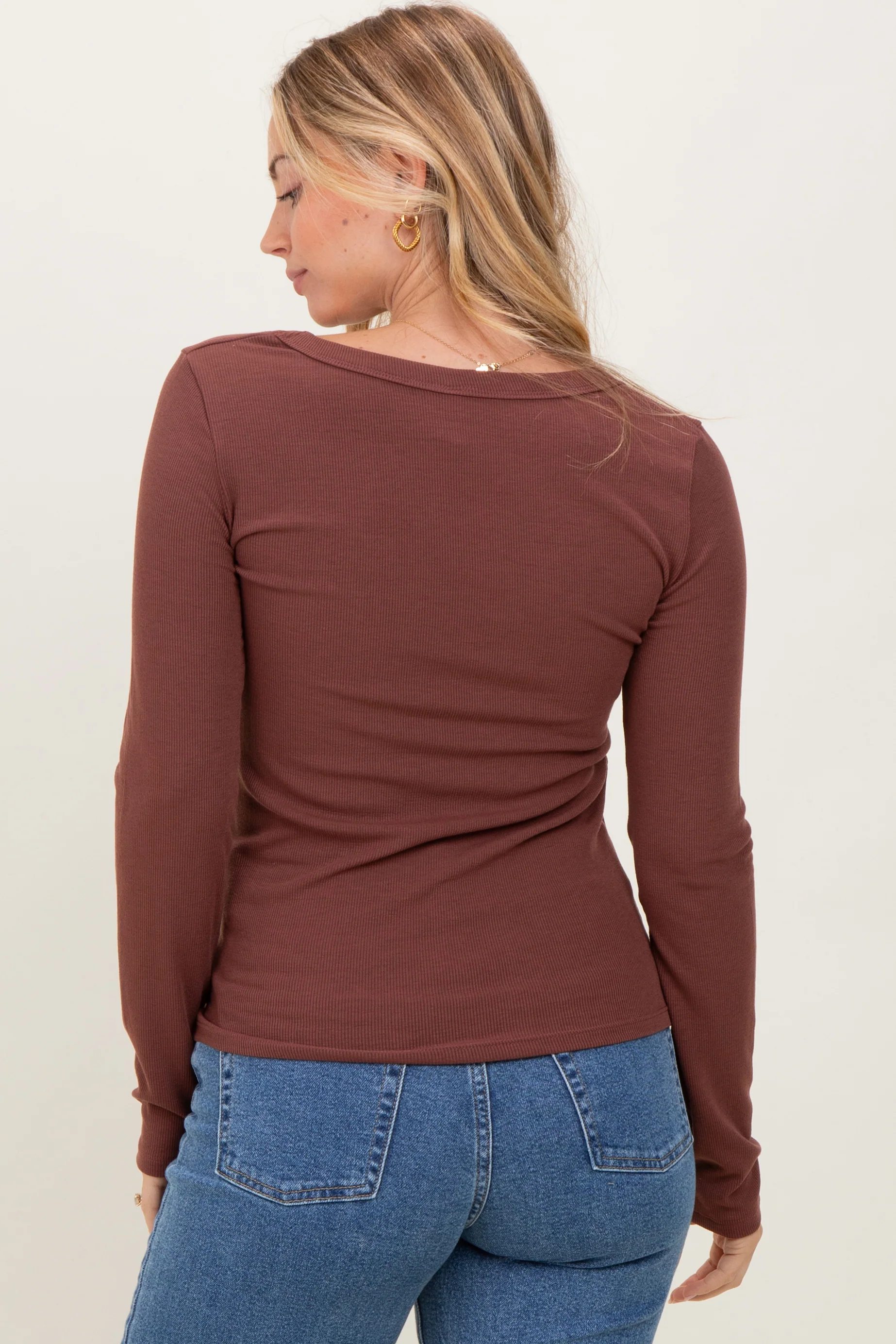 Dark Mocha Ribbed Square Neck Long Sleeve Top - Image 4