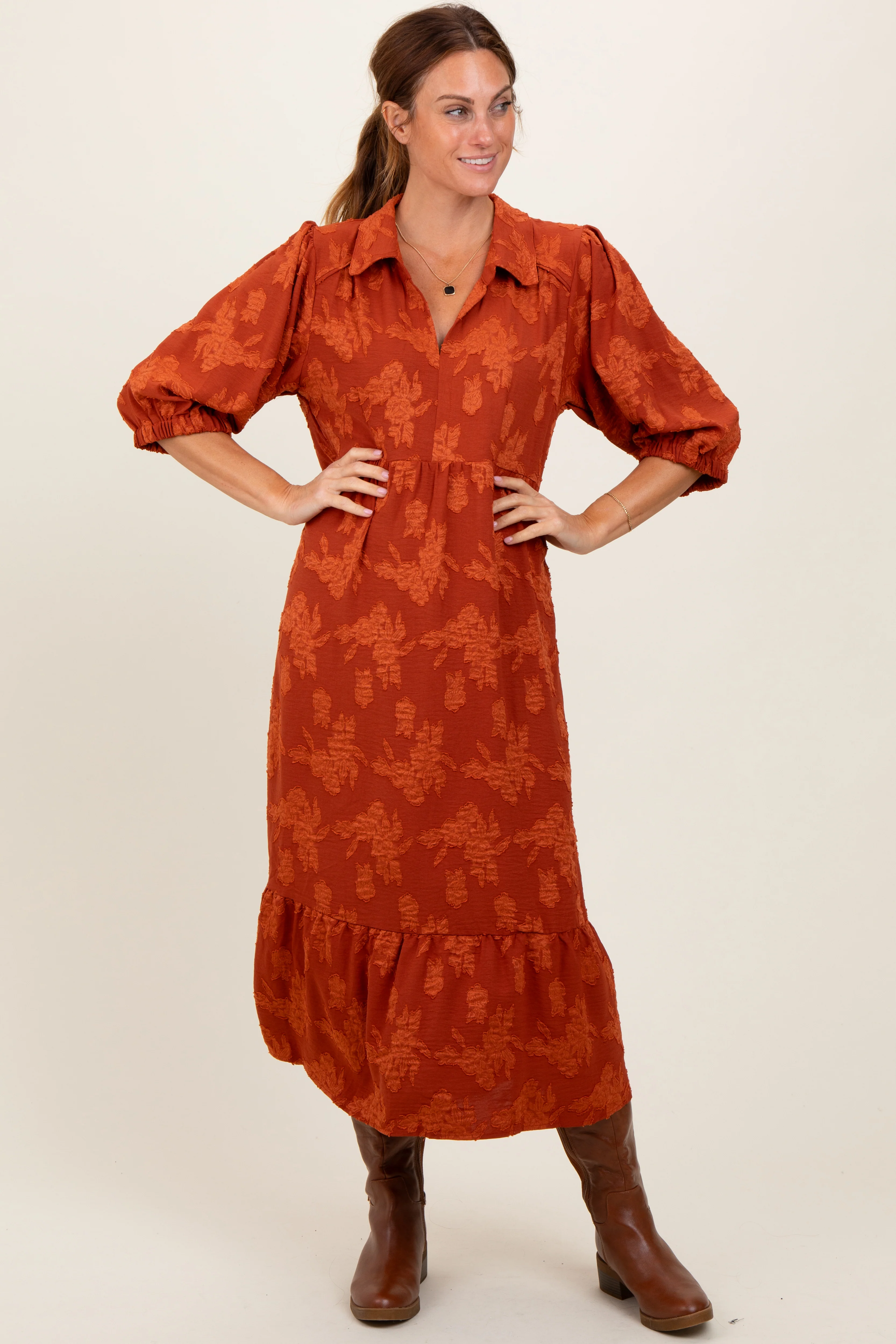 Dark Orange Floral Applique Collared Midi Dress - Image 2