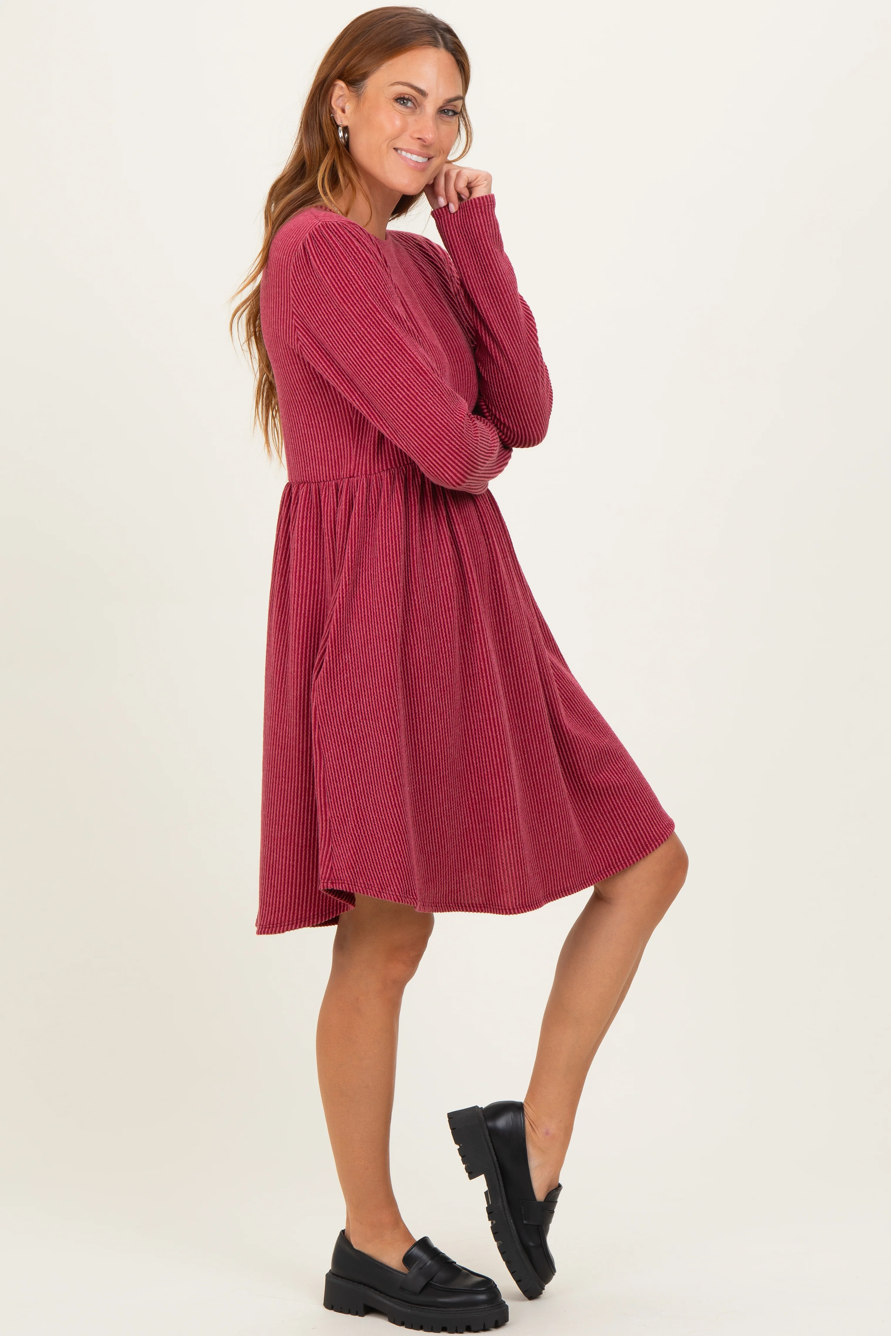 Dark Red Textured Rib Long Sleeve Dress - Image 3