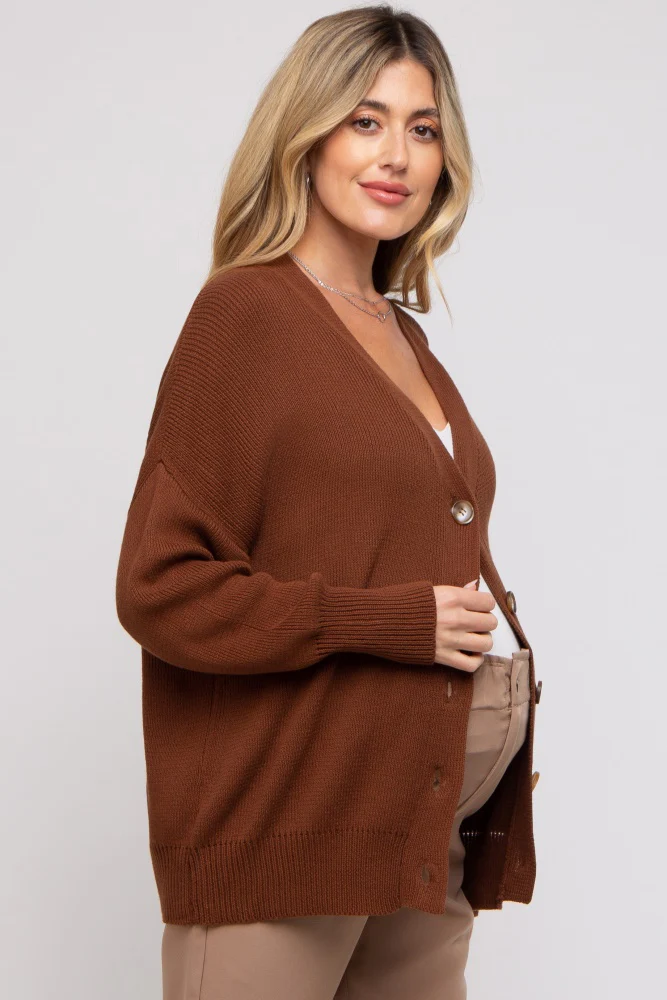Dark Rust Basic Ribbed Maternity Cardigan Sweater - Image 2