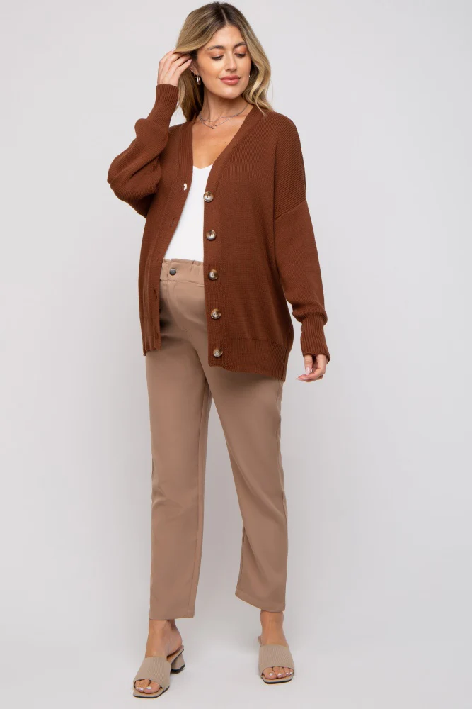 Dark Rust Basic Ribbed Maternity Cardigan Sweater - Image 4
