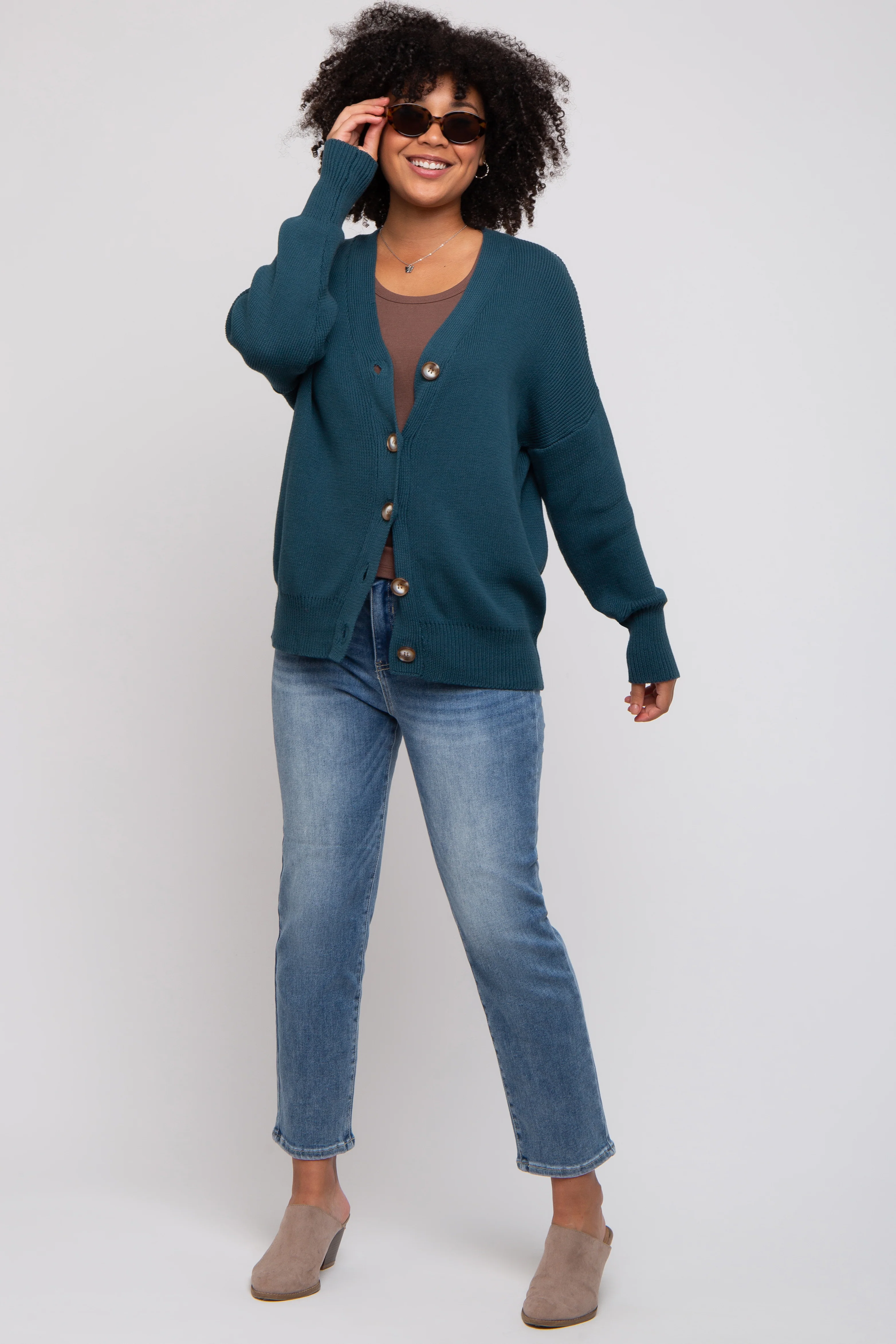 Dark Teal Basic Ribbed Cardigan Sweater - Image 4