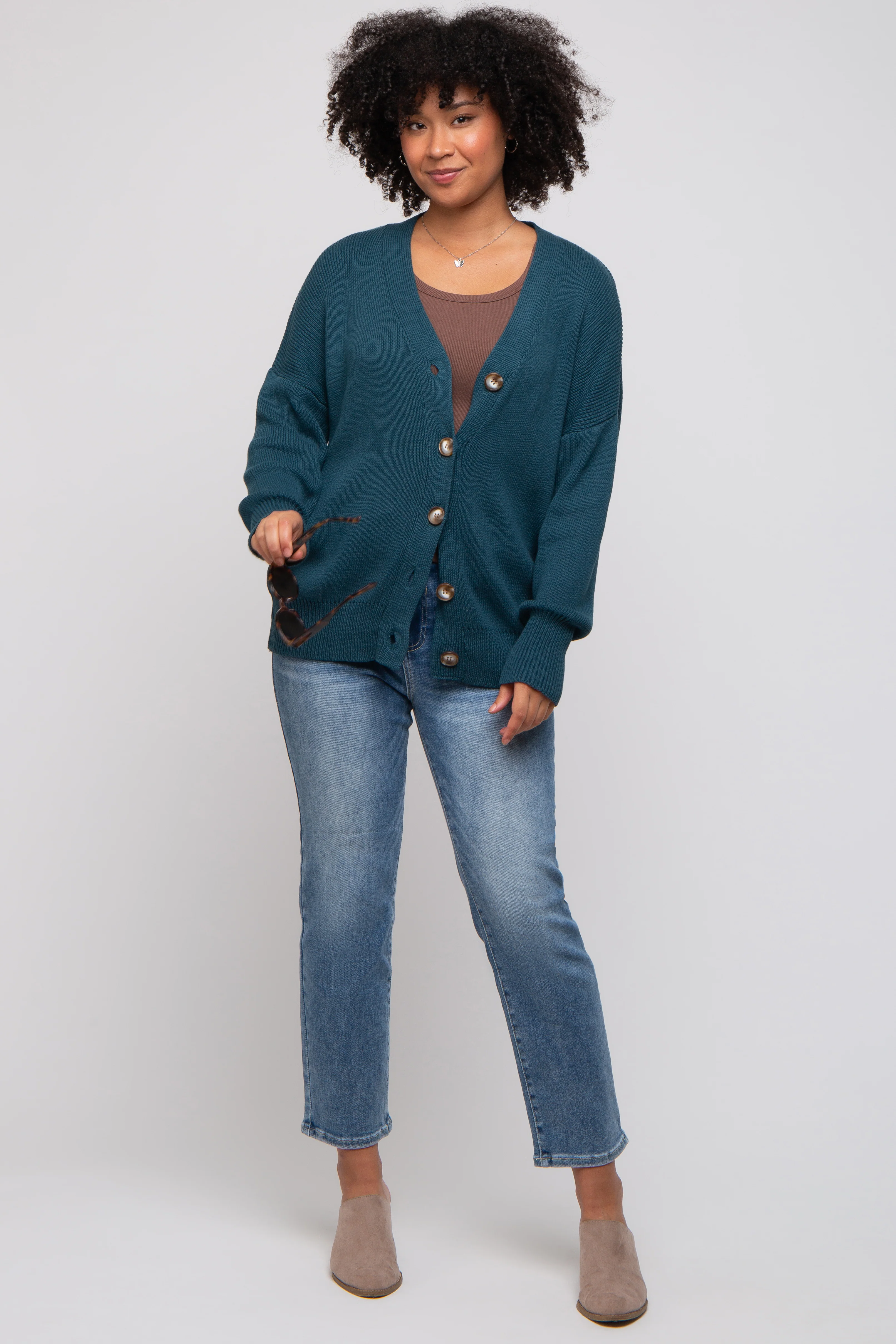 Dark Teal Basic Ribbed Cardigan Sweater - Image 5