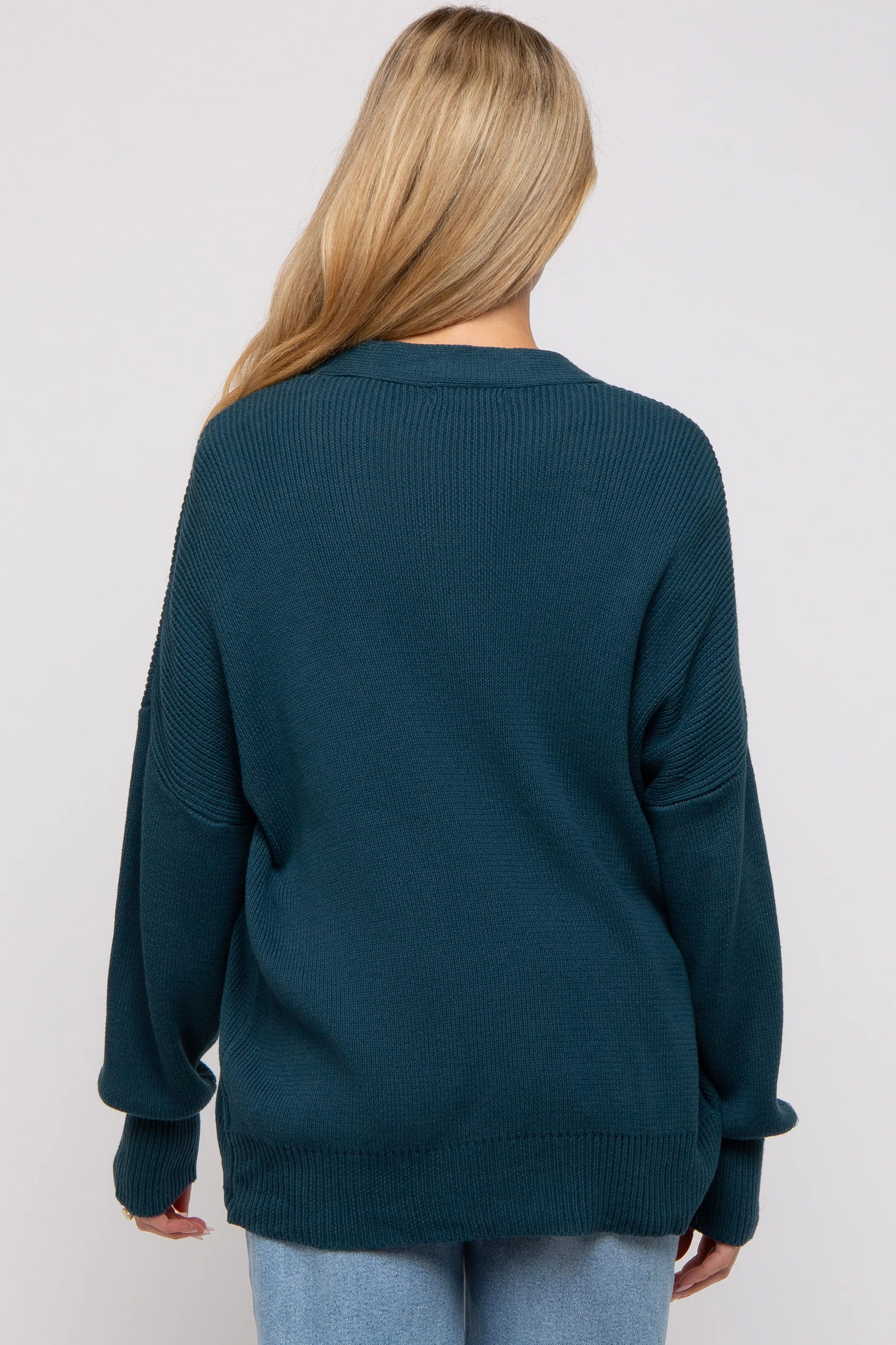 Dark Teal Basic Ribbed Maternity Cardigan Sweater - Image 4