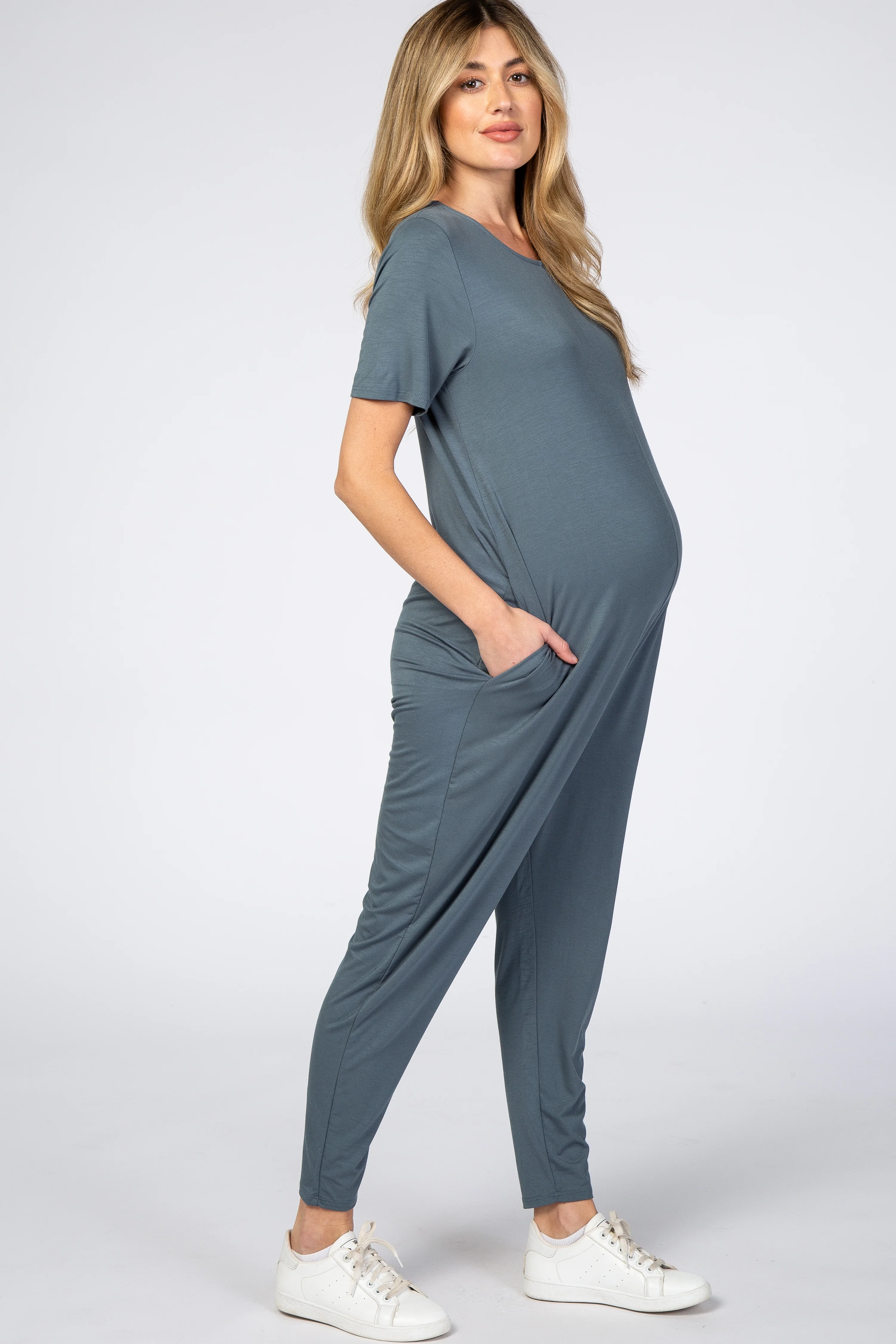 Dark Teal Basic Short Sleeve Maternity Jumpsuit - Image 3