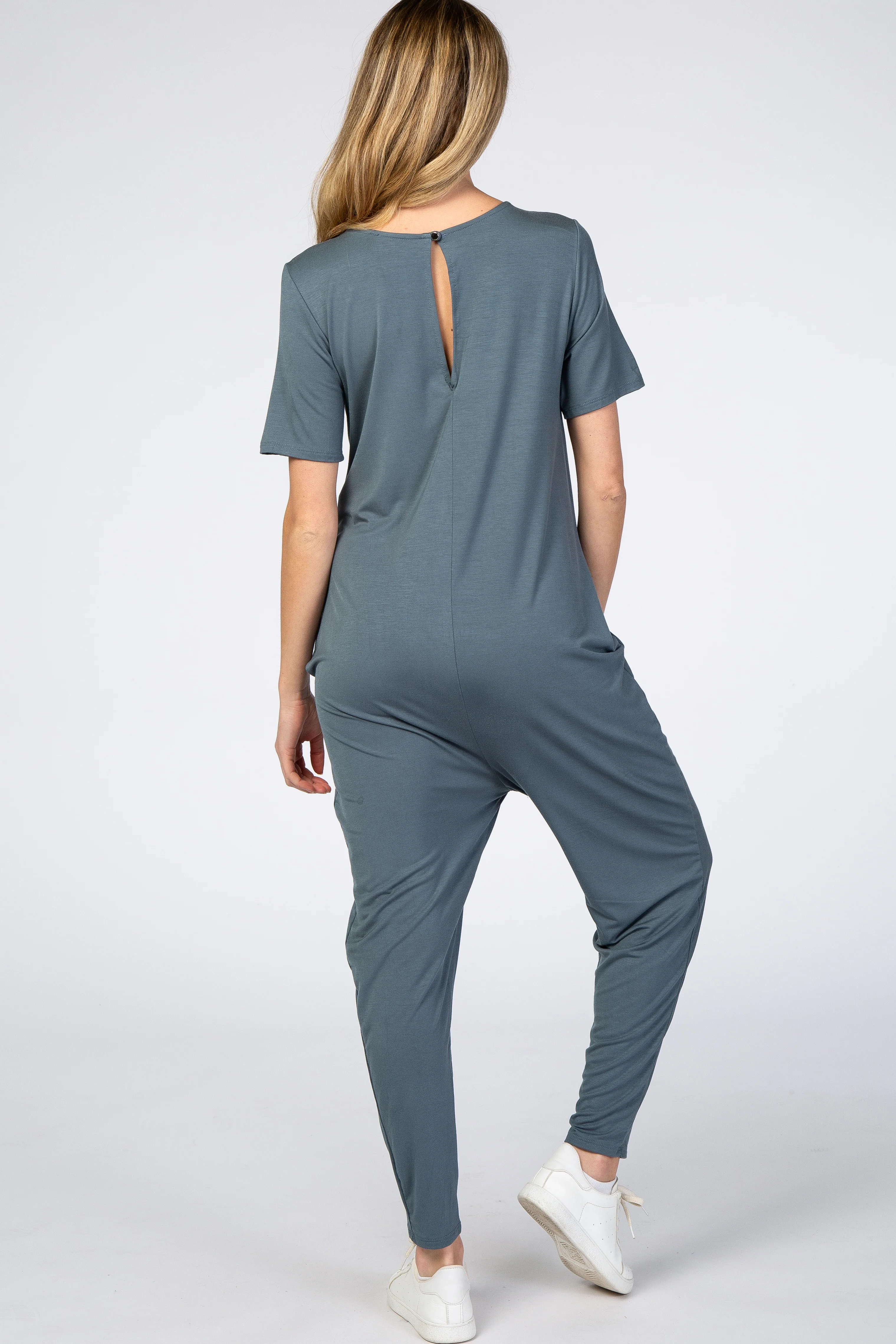 Dark Teal Basic Short Sleeve Maternity Jumpsuit - Image 4