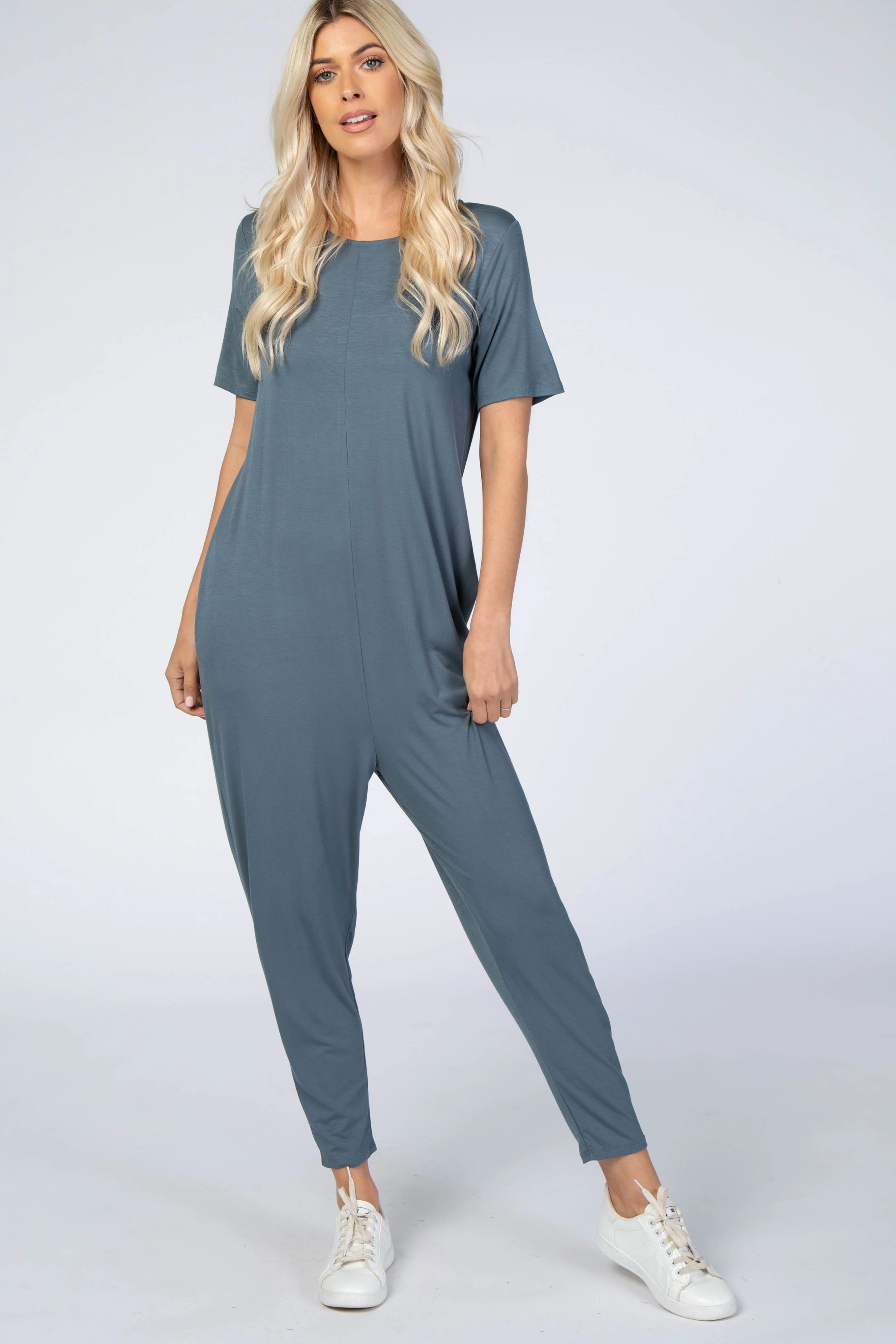 Dark Teal Basic Short Sleeve Maternity Jumpsuit - Image 6