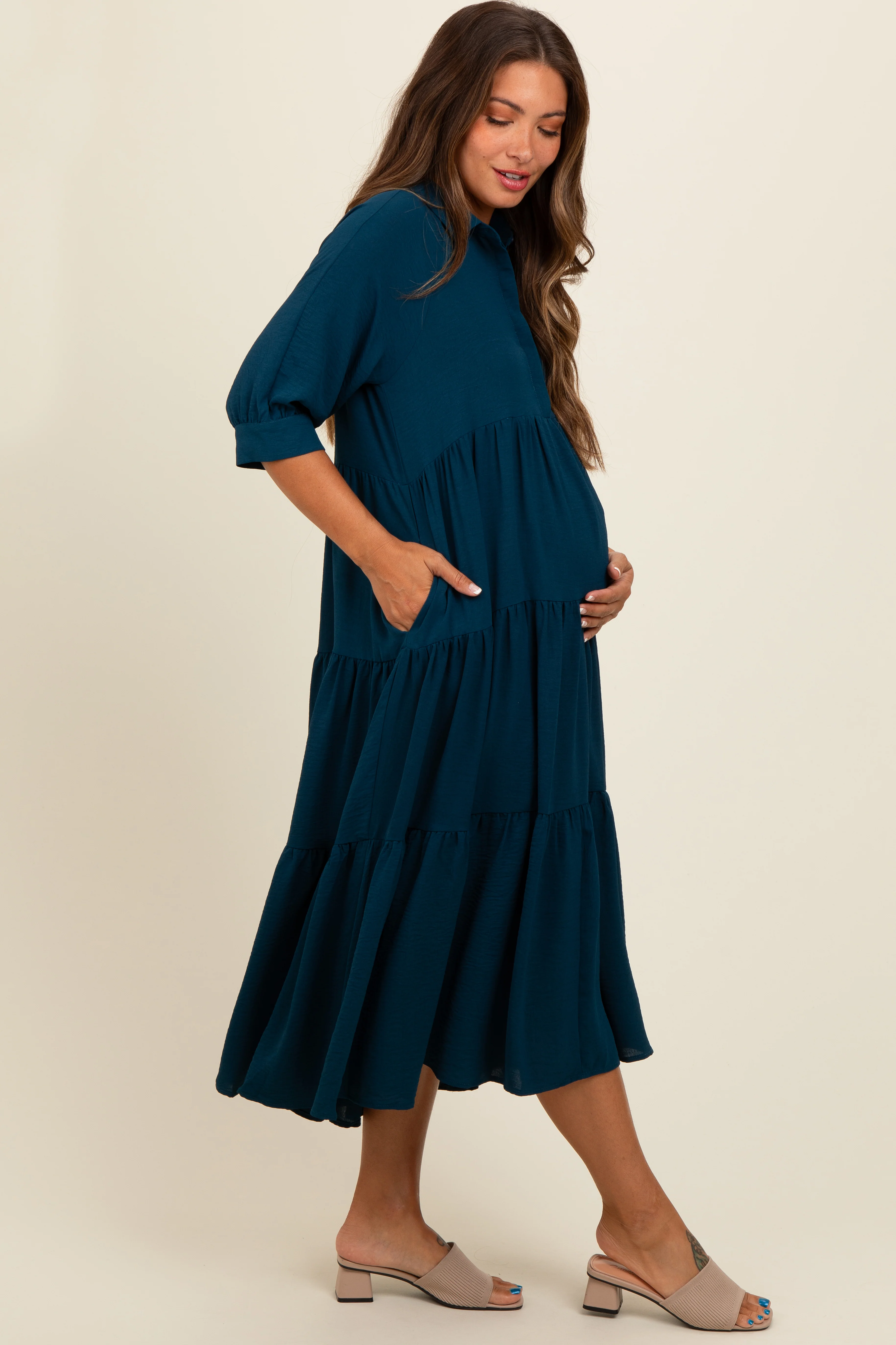 Dark Teal Collared Button Up Tiered Maternity Midi Dress - Image 3