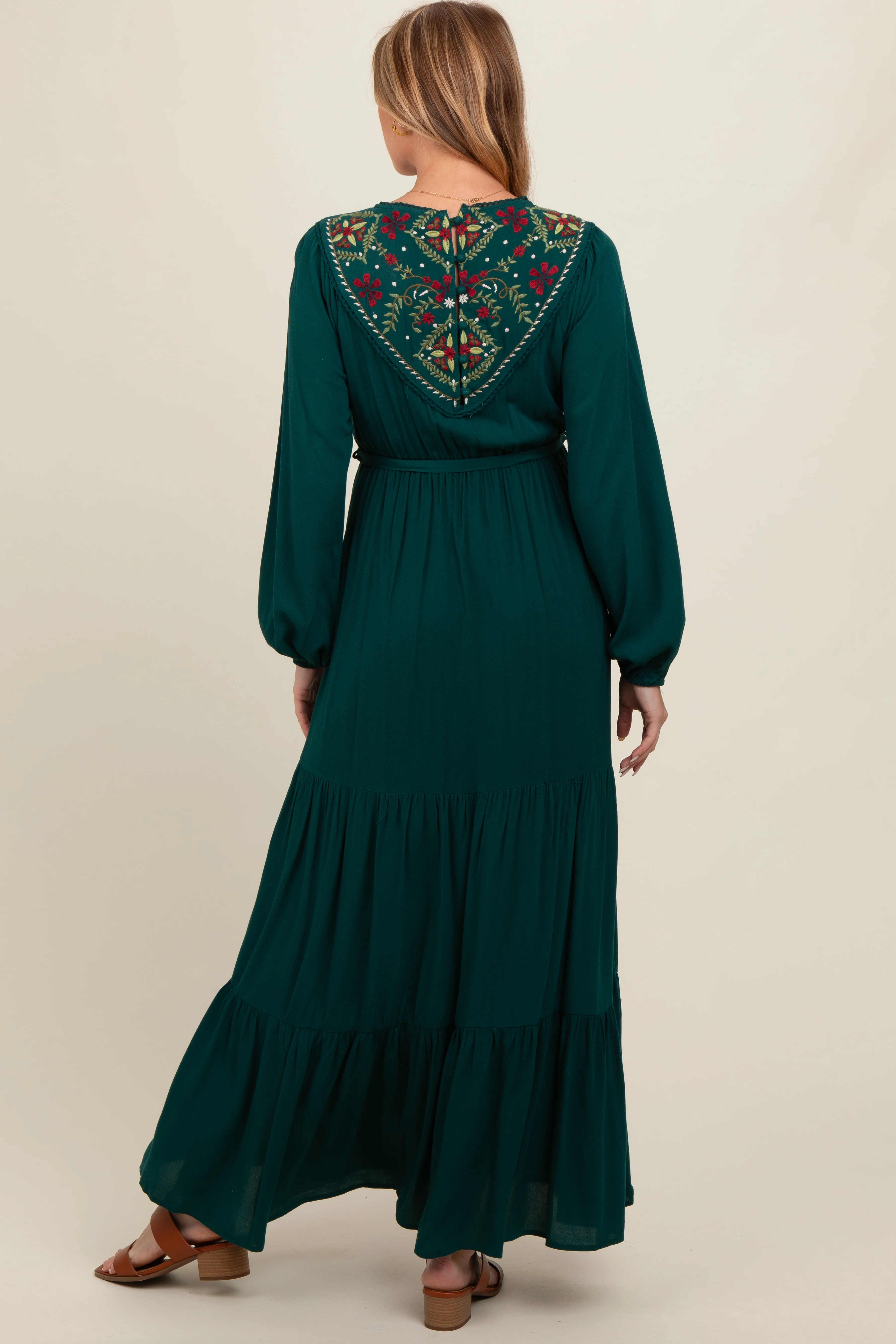 Dark Teal Embroidered Maternity Tiered Maxi Dress - Image 4