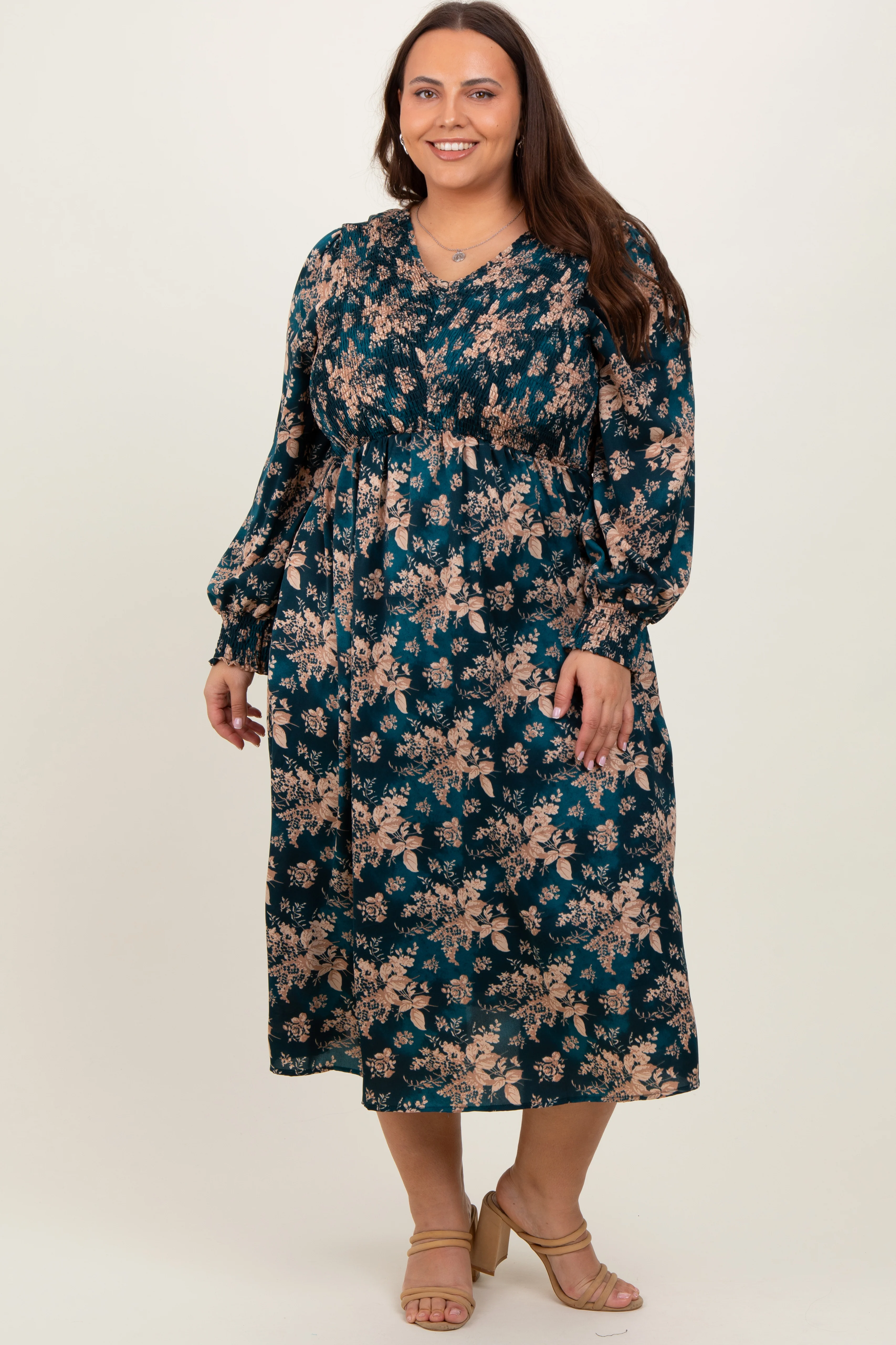 Dark Teal Floral Plus Maternity Midi Dress - Image 3