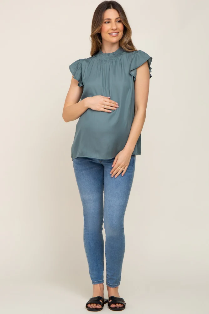 Dark Teal Mock Neck Flutter Maternity Blouse - Image 4