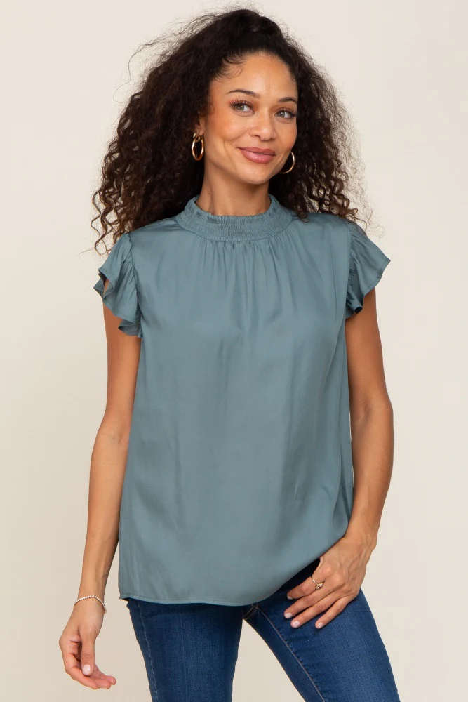 Dark Teal Mock Neck Flutter Maternity Blouse - Image 5
