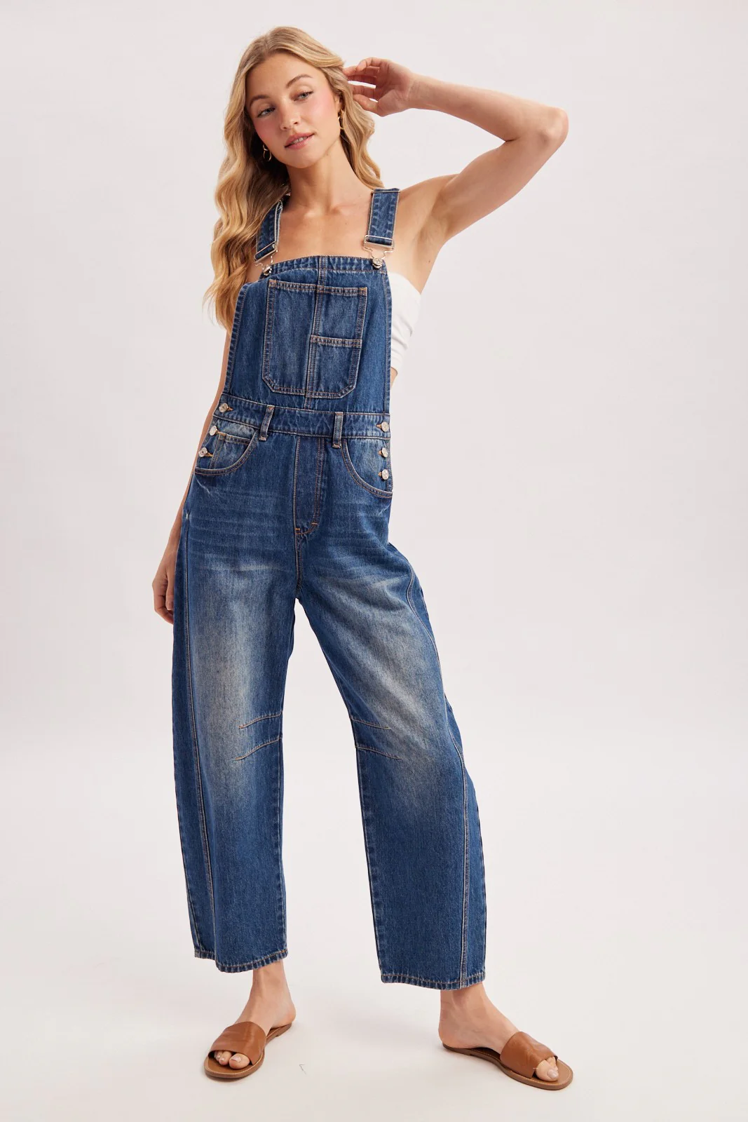 Dark Wash Denim Barrel Overalls - Image 5