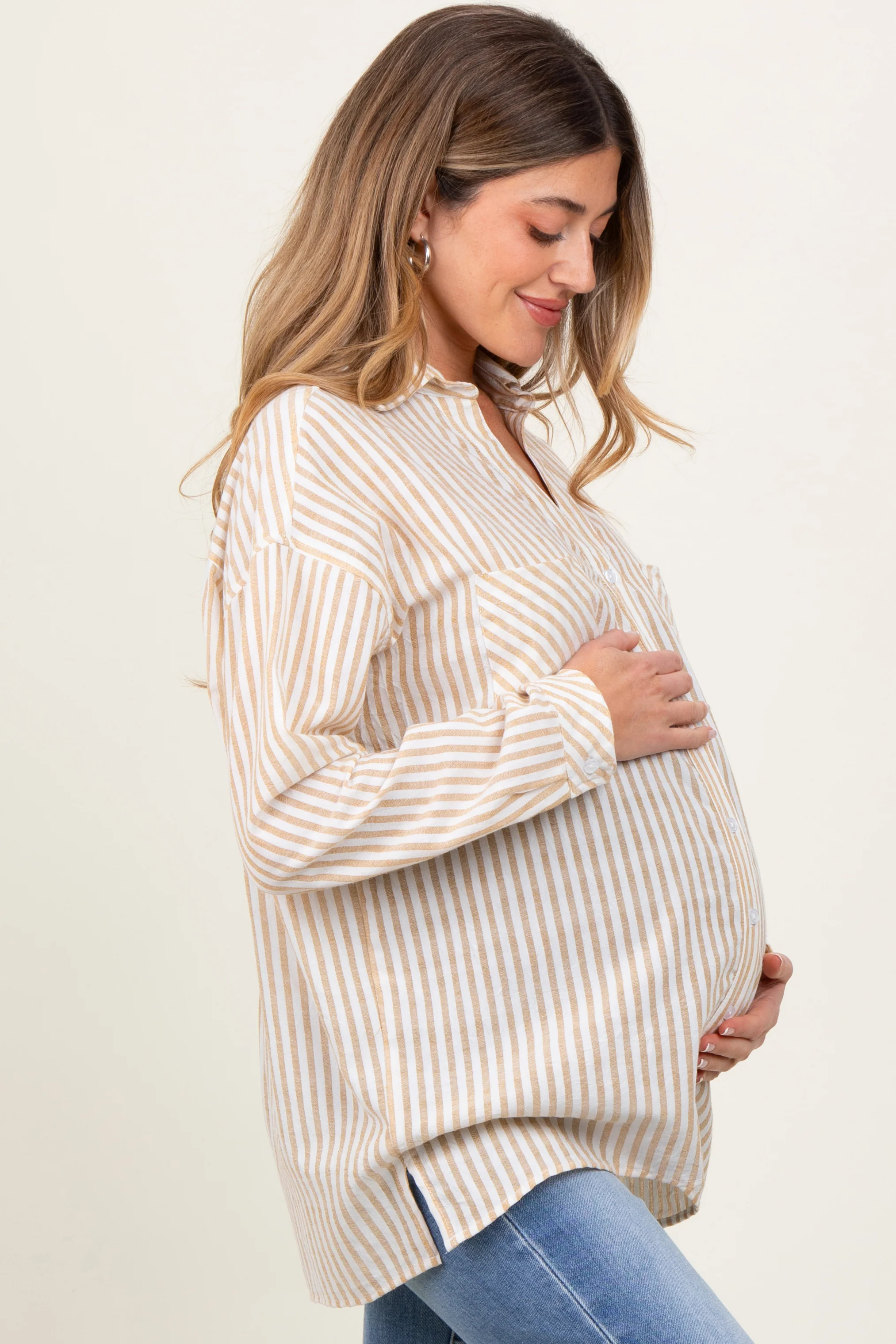 Dark Yellow Striped Double Pocket Maternity Button Down Top - Image 3