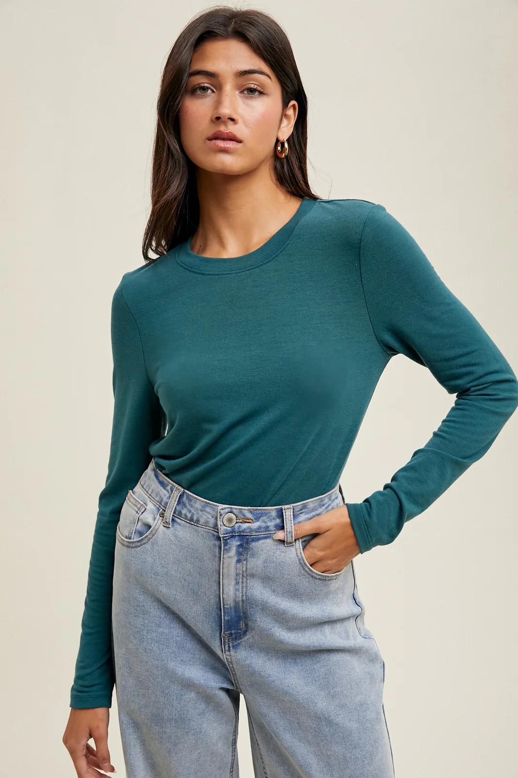 Deep Teal Basic Fitted Maternity Long Sleeve Top - Image 4
