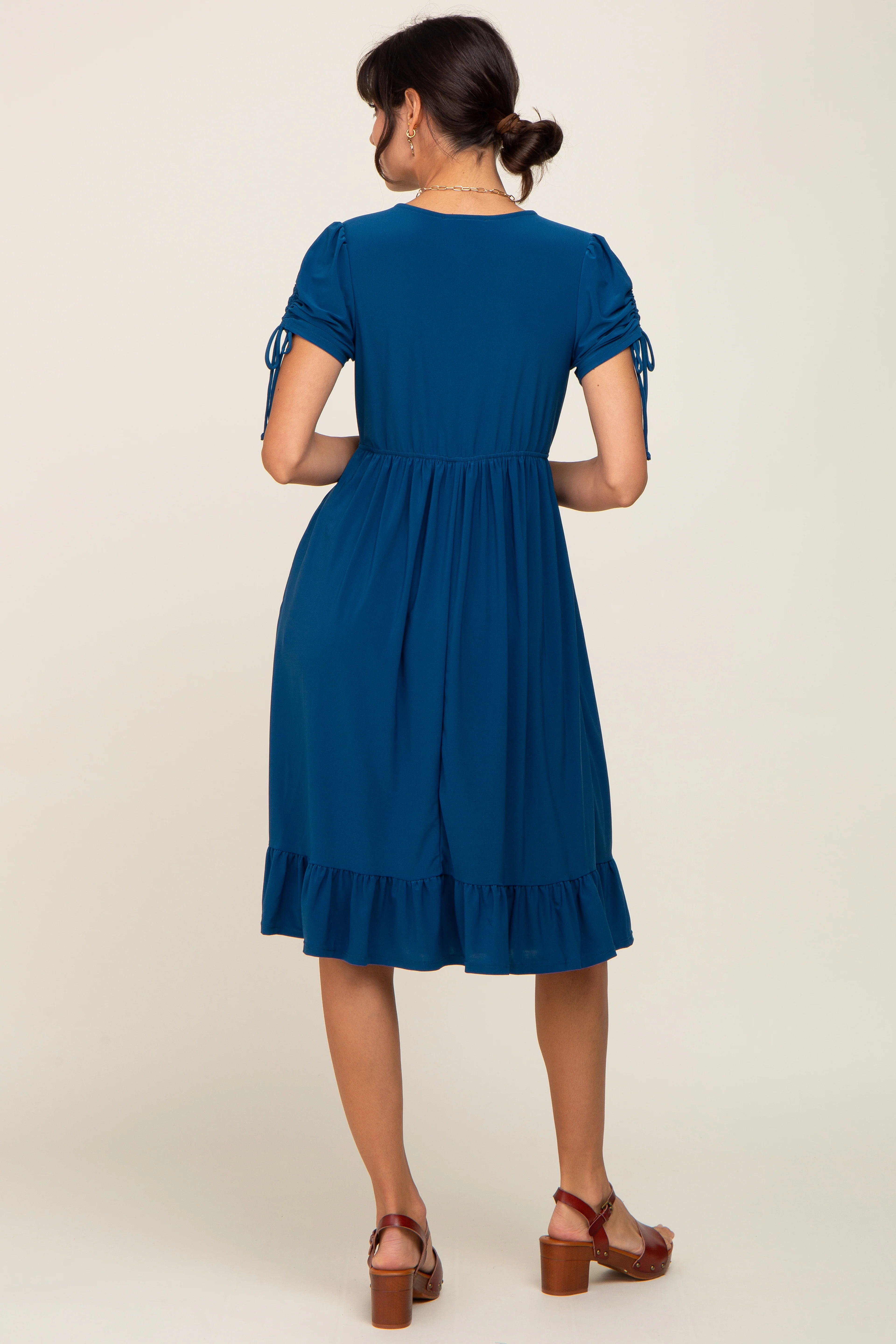 Deep Teal Cinched Sleeve Midi Dress - Image 3