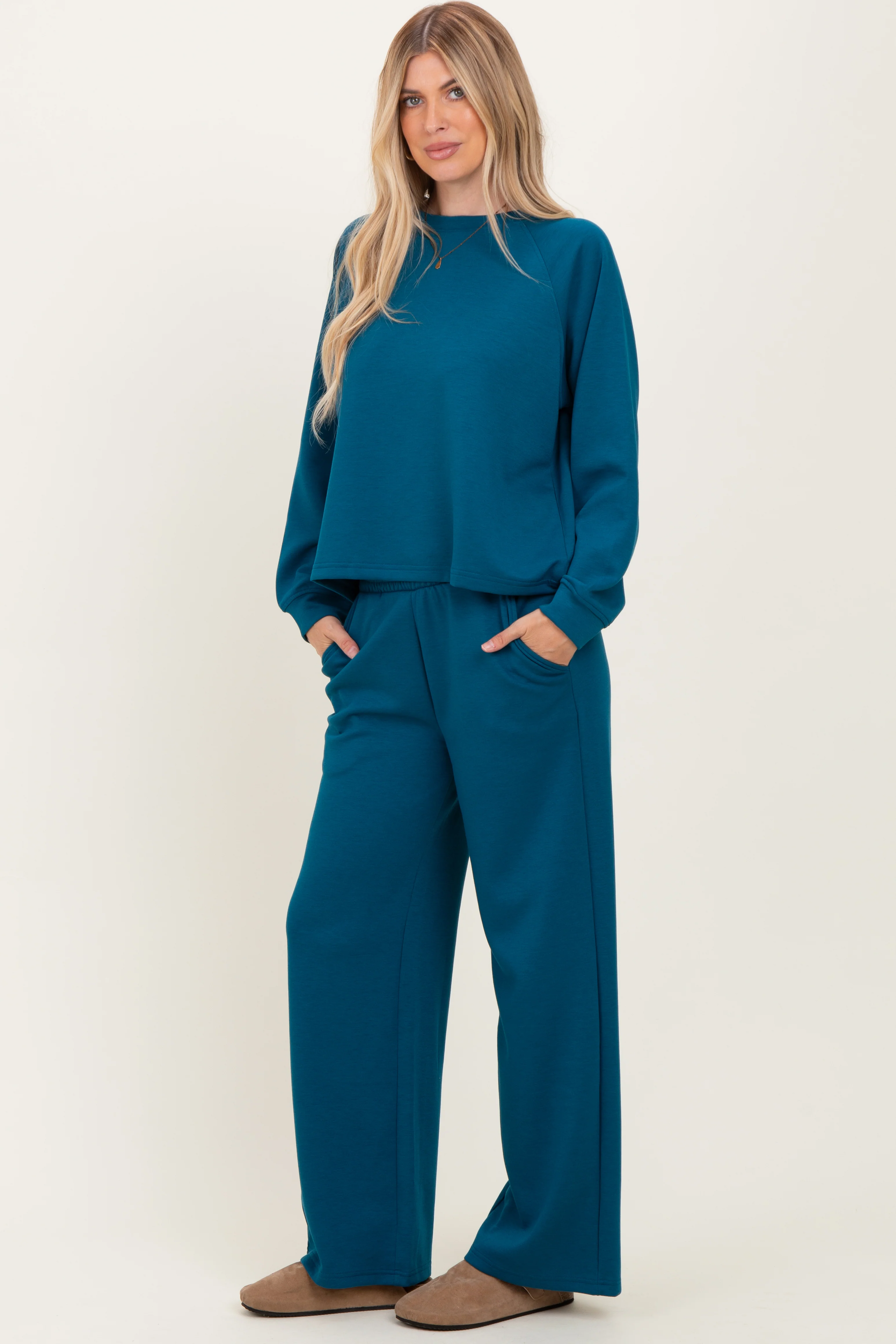 Deep Teal Crewneck Pullover Pant Set - Image 3