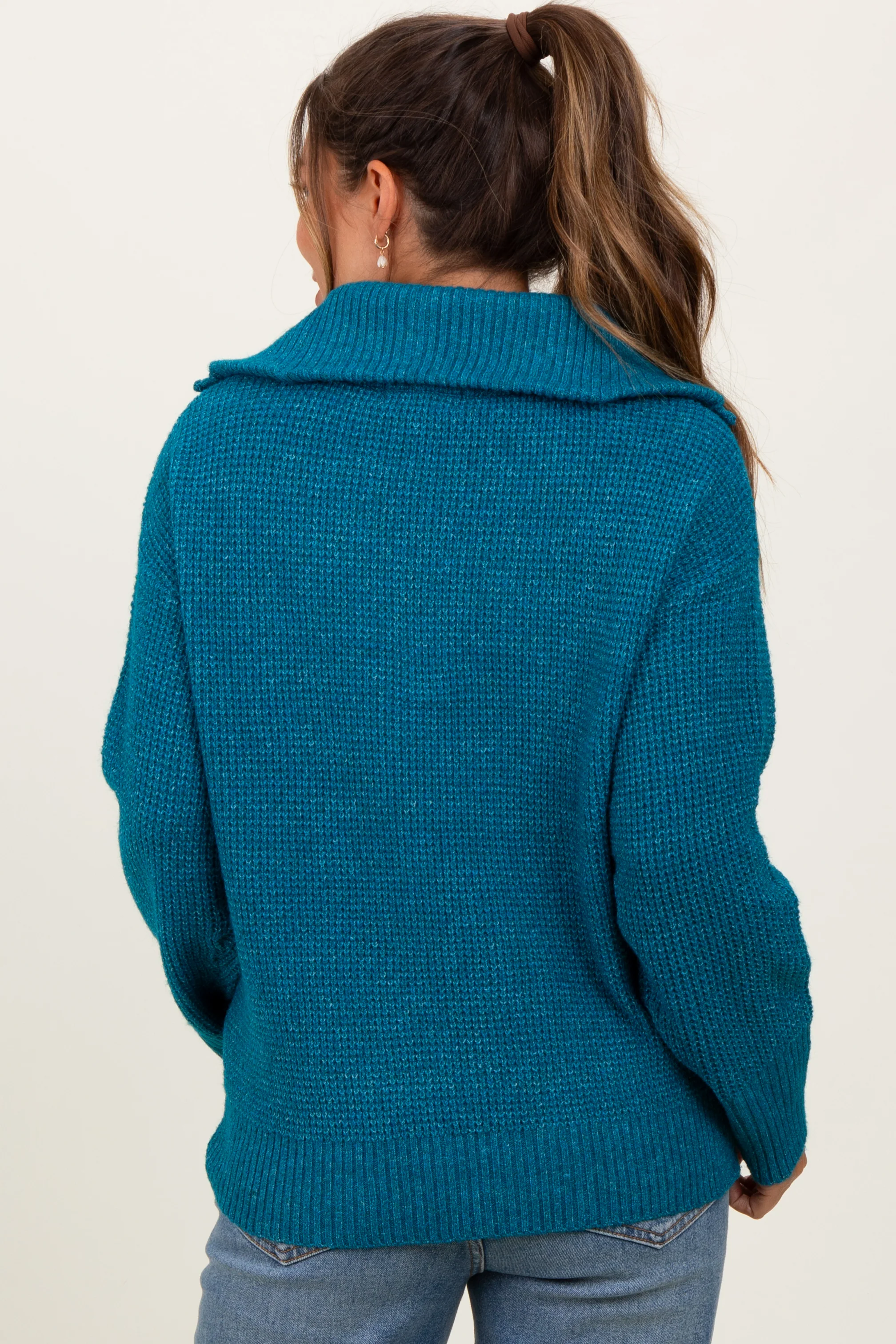 Deep Teal Half Zip Maternity Pullover Sweater - Image 4