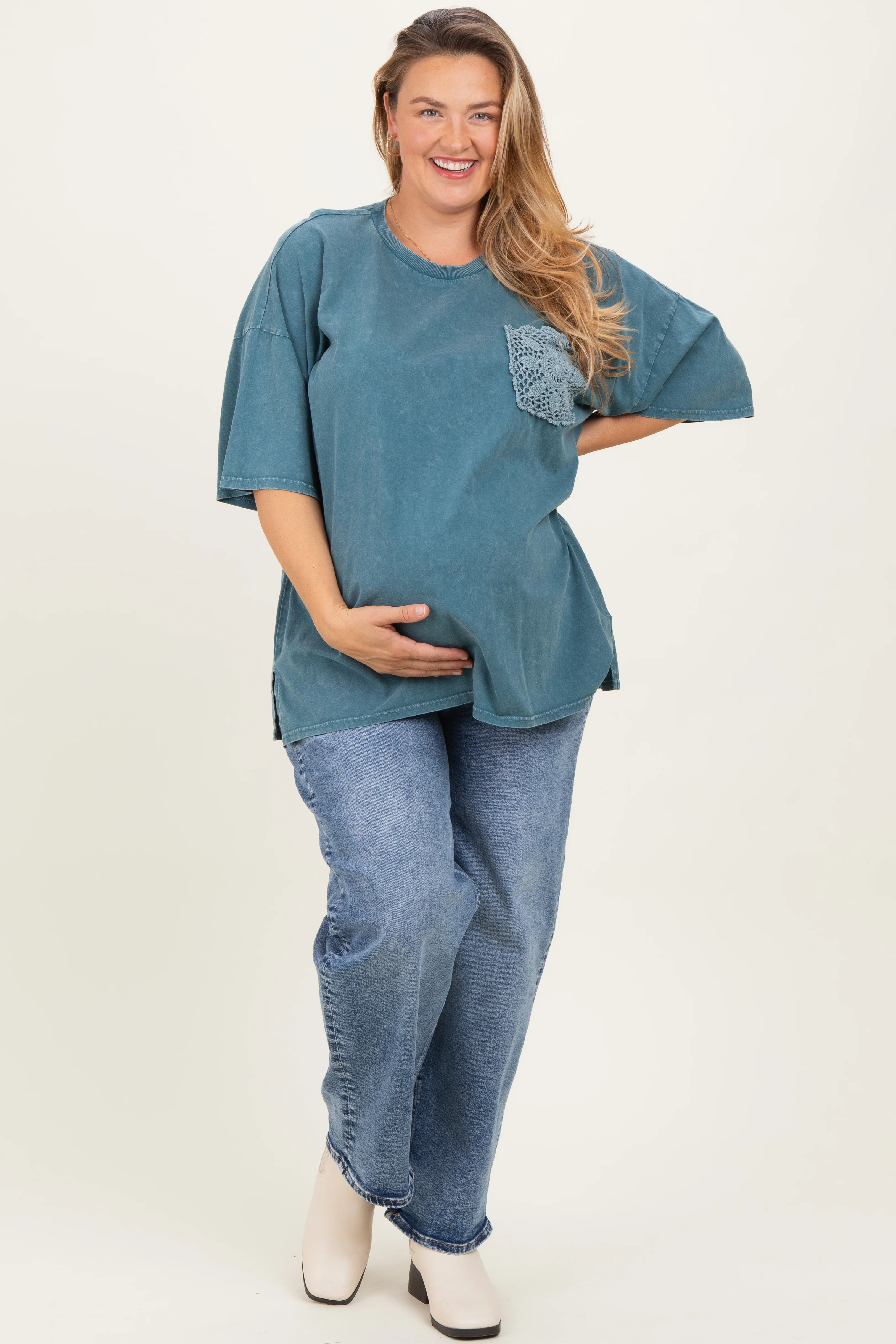 Deep Teal Mineral Wash Crochet Pocket Maternity Plus Top - Image 3