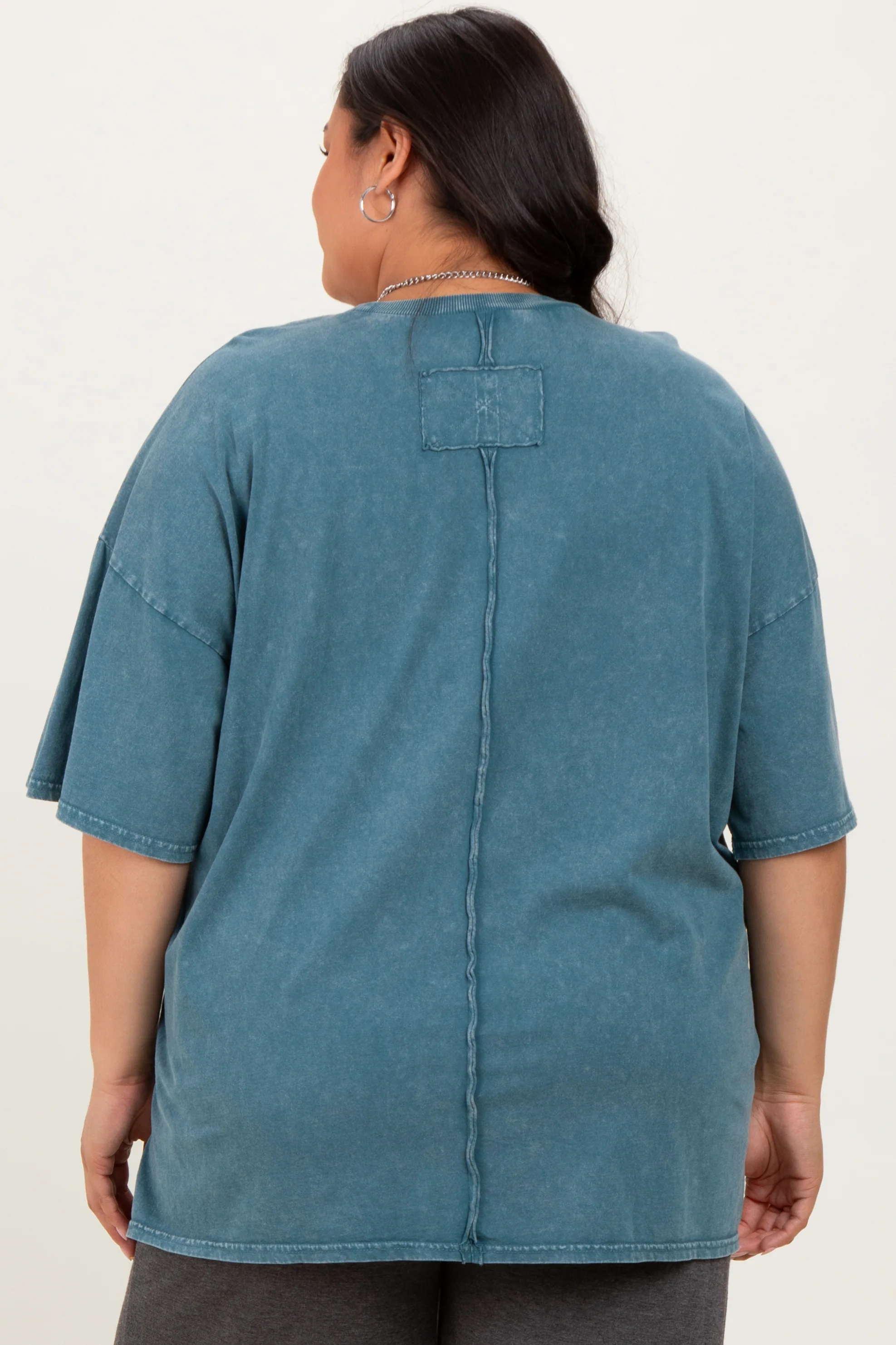 Deep Teal Mineral Wash Crochet Pocket Plus Top - Image 4
