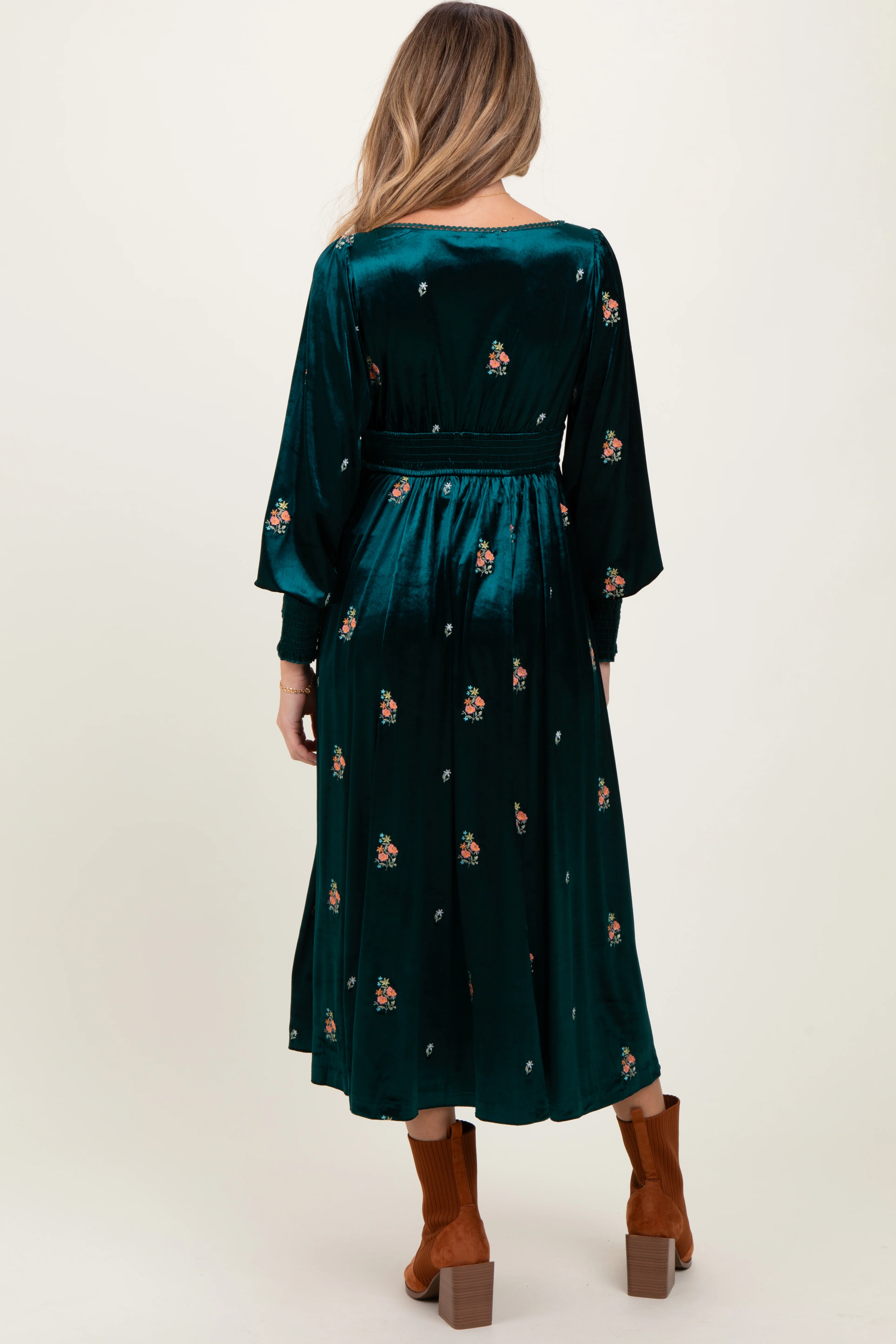 Deep Teal Velvet Embroidered Floral Maternity Midi Dress - Image 4