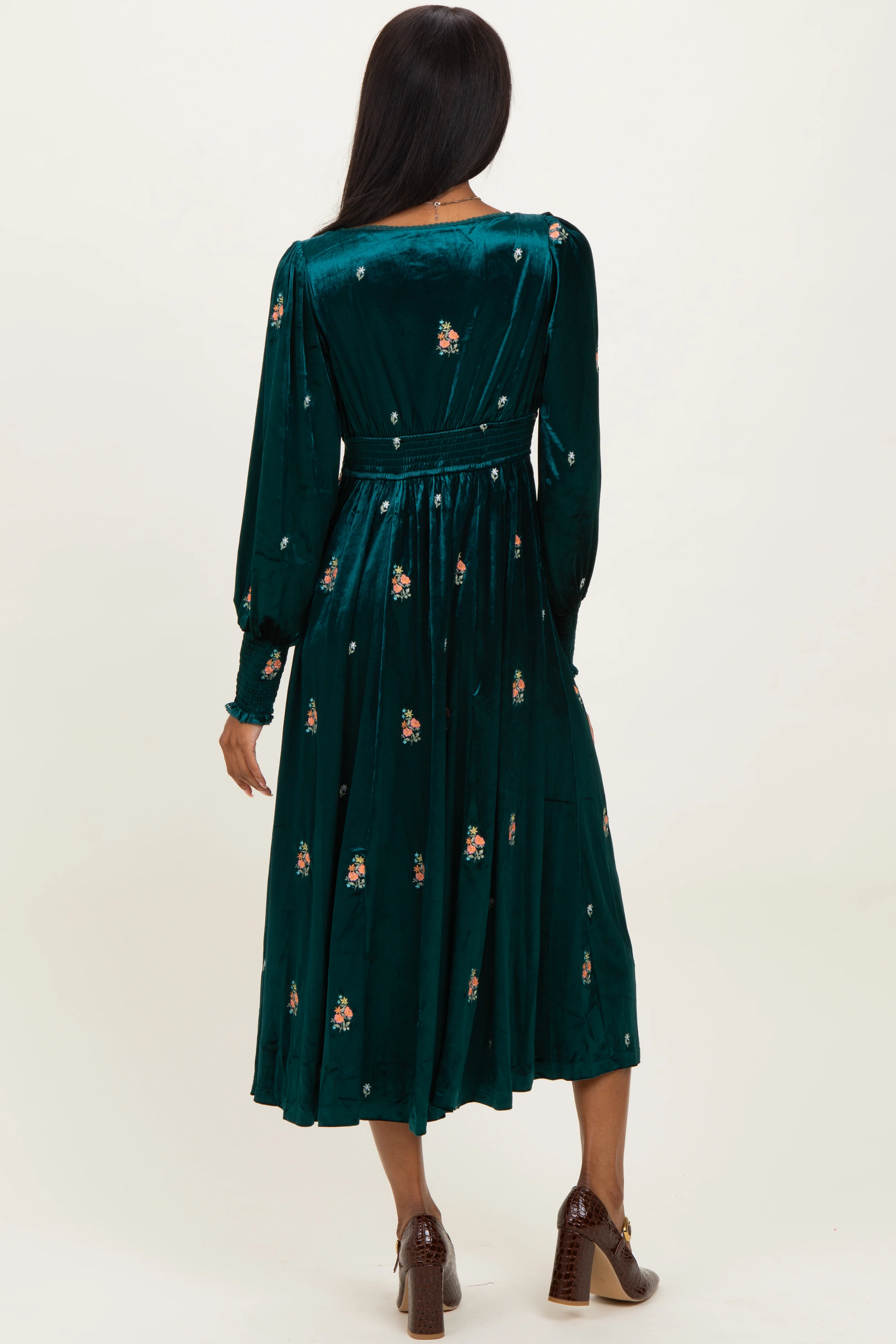 Deep Teal Velvet Embroidered Floral Midi Dress - Image 3