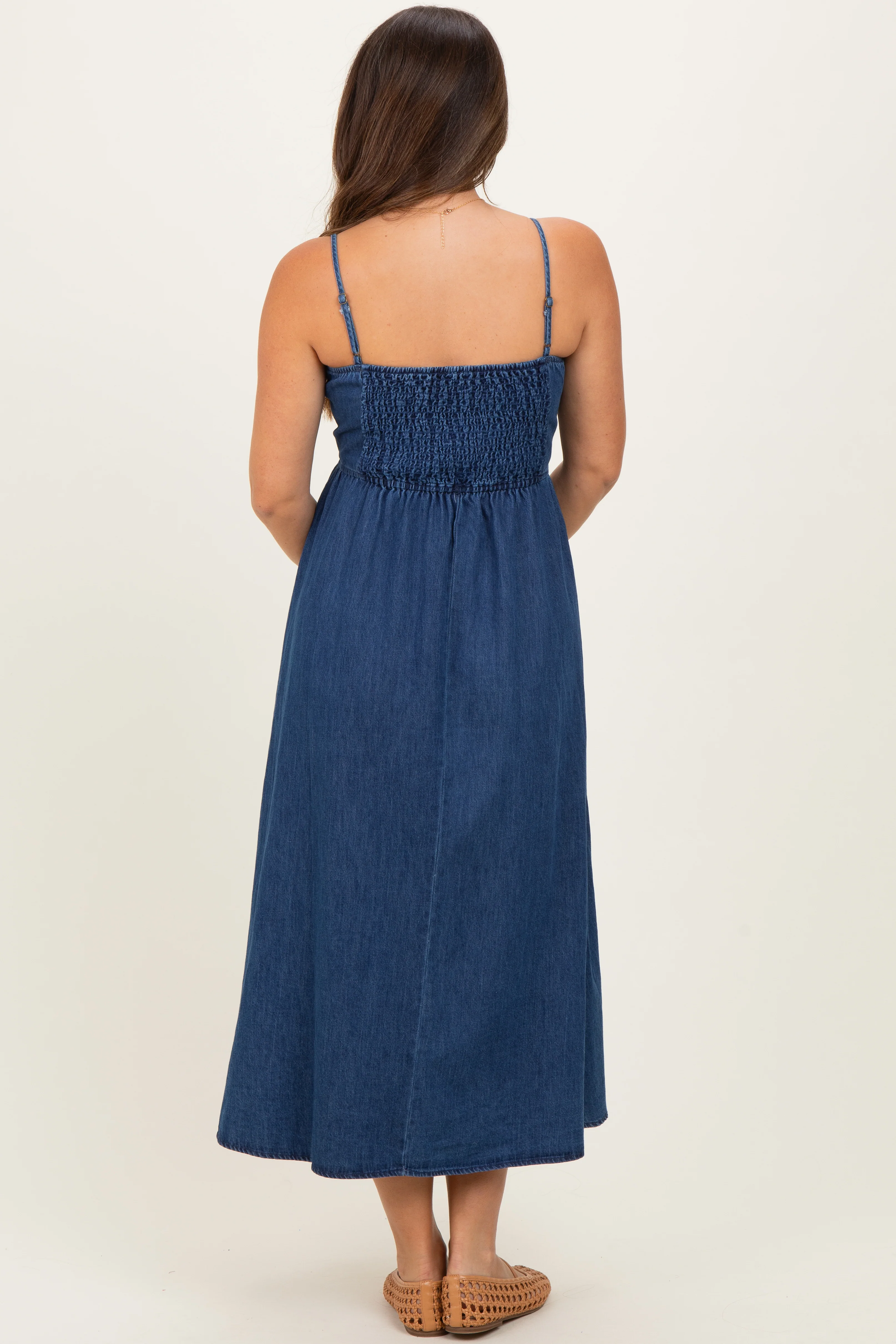 Denim Blue Bow Accent Strap Maternity Midi Dress - Image 4