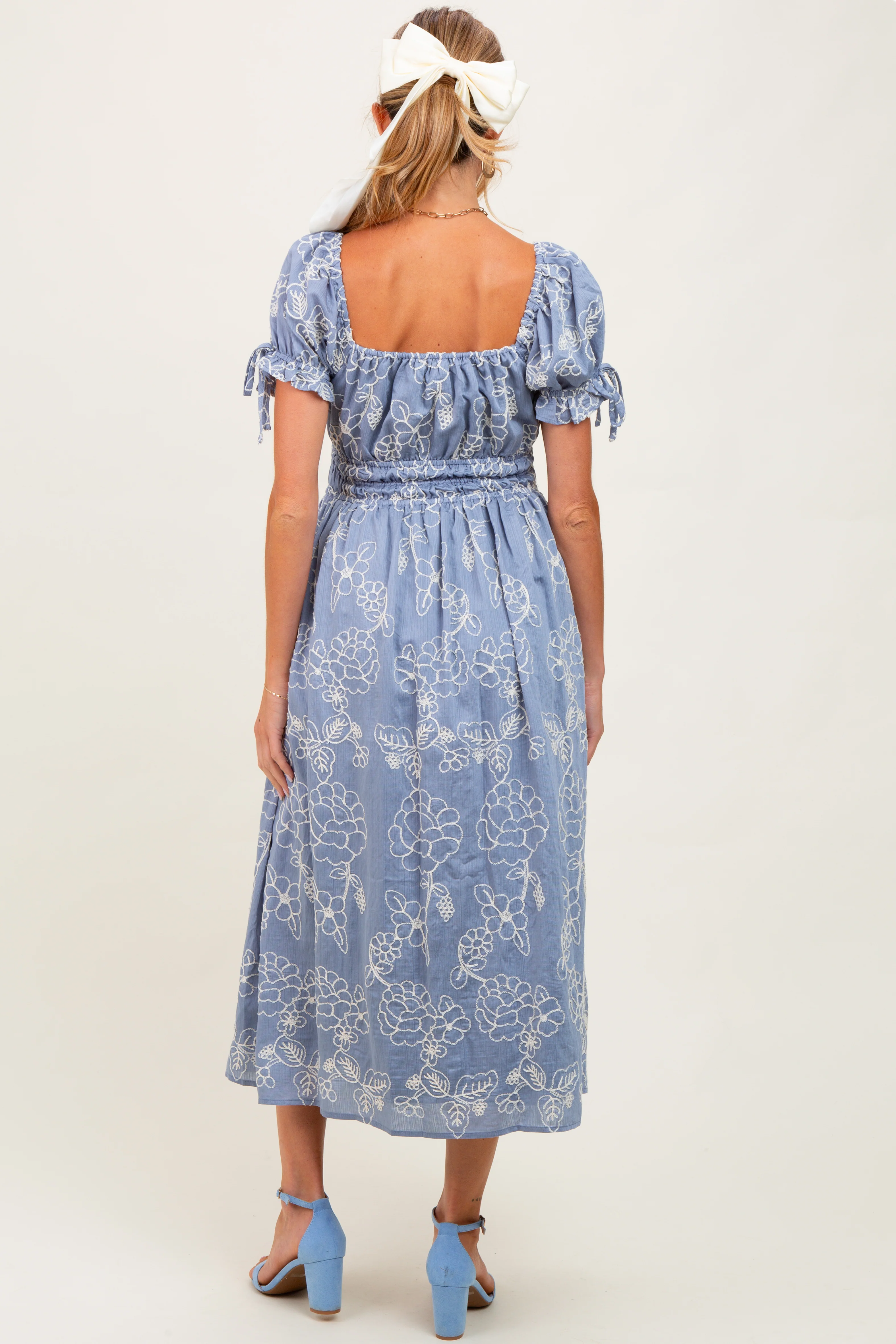 Denim Blue Floral Embroidered Maternity Midi Dress - Image 3
