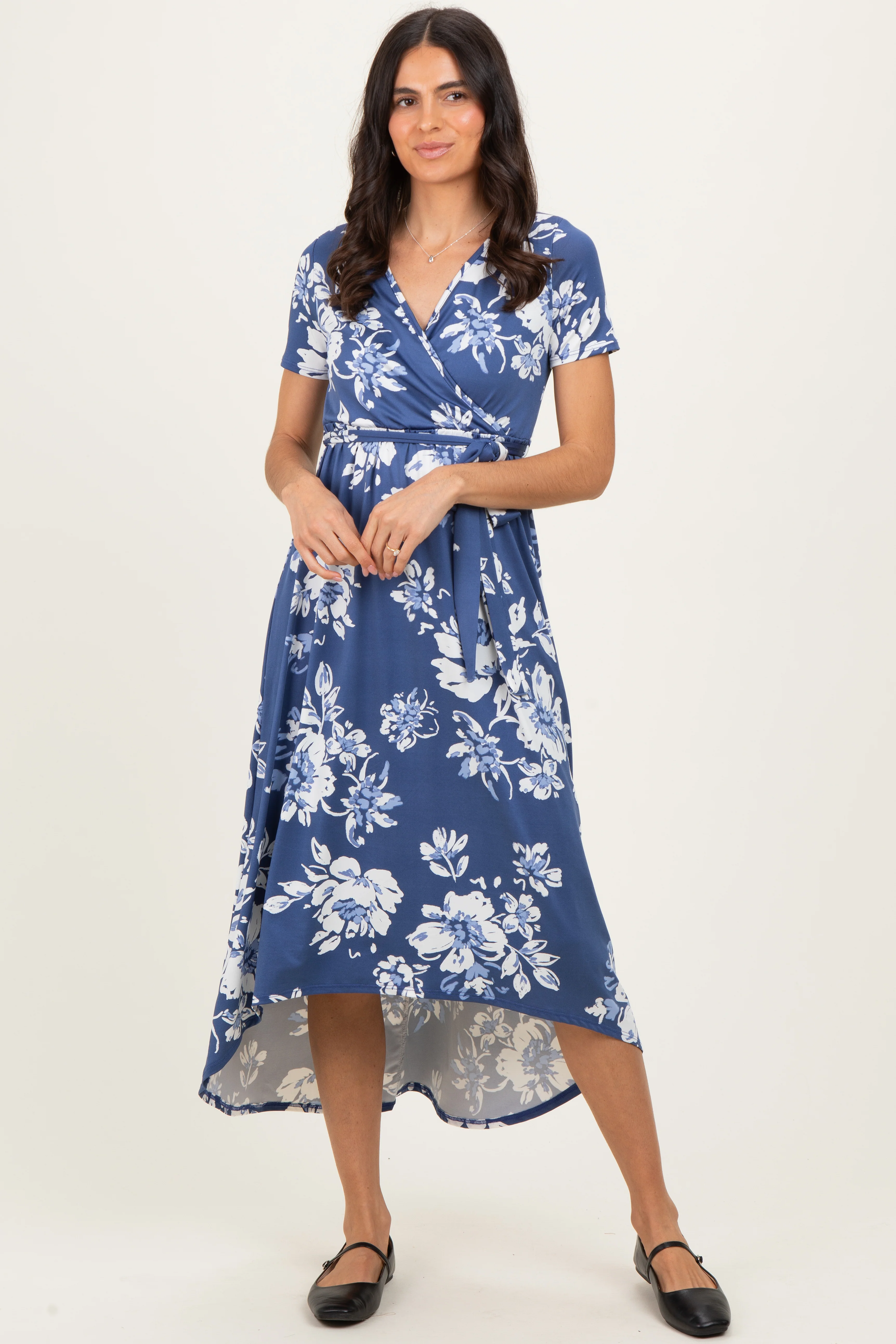 Denim Blue Floral Print Short Sleeve Hi-Low Maternity Wrap Dress - Image 5