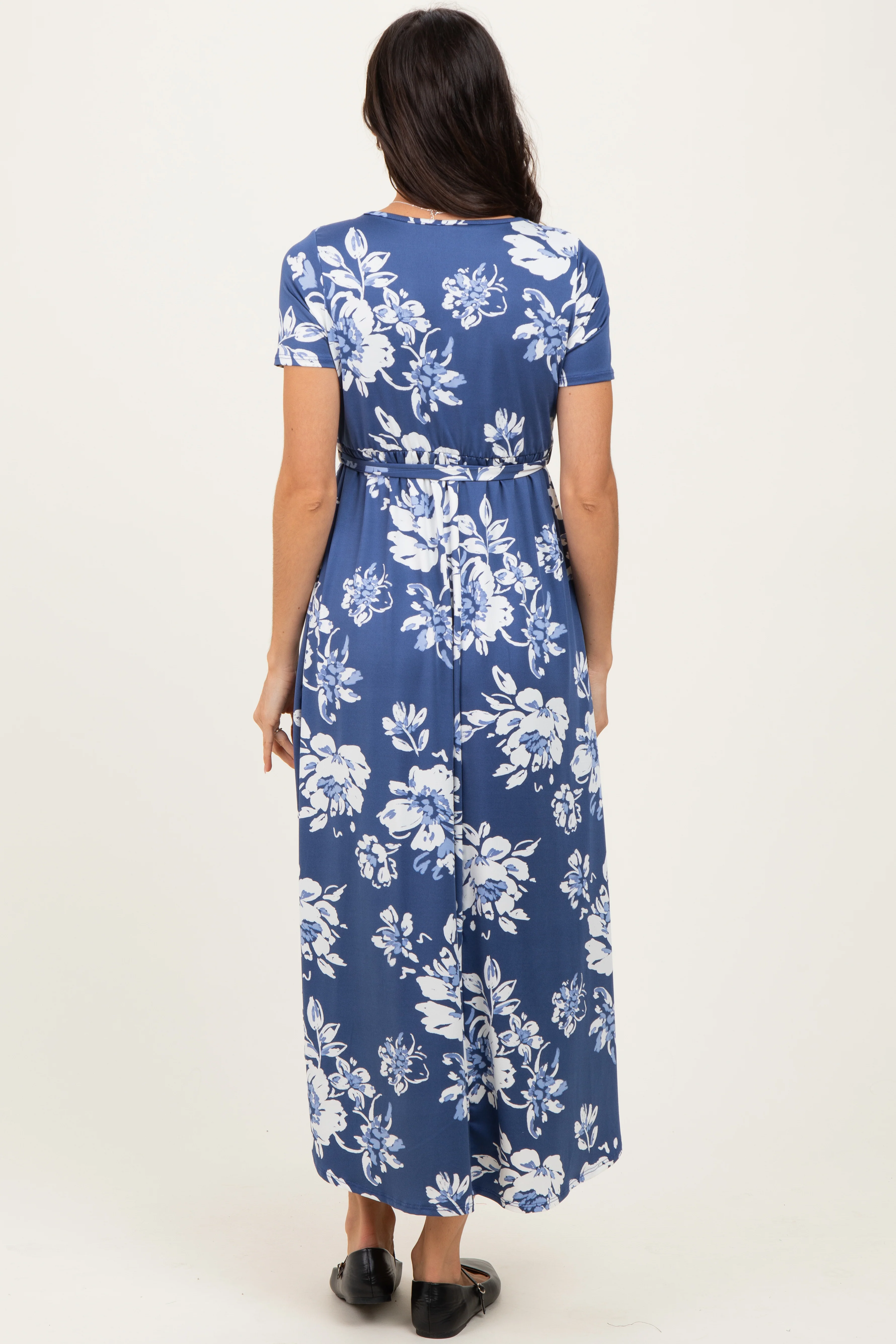 Denim Blue Floral Print Short Sleeve Hi-Low Wrap Dress - Image 3