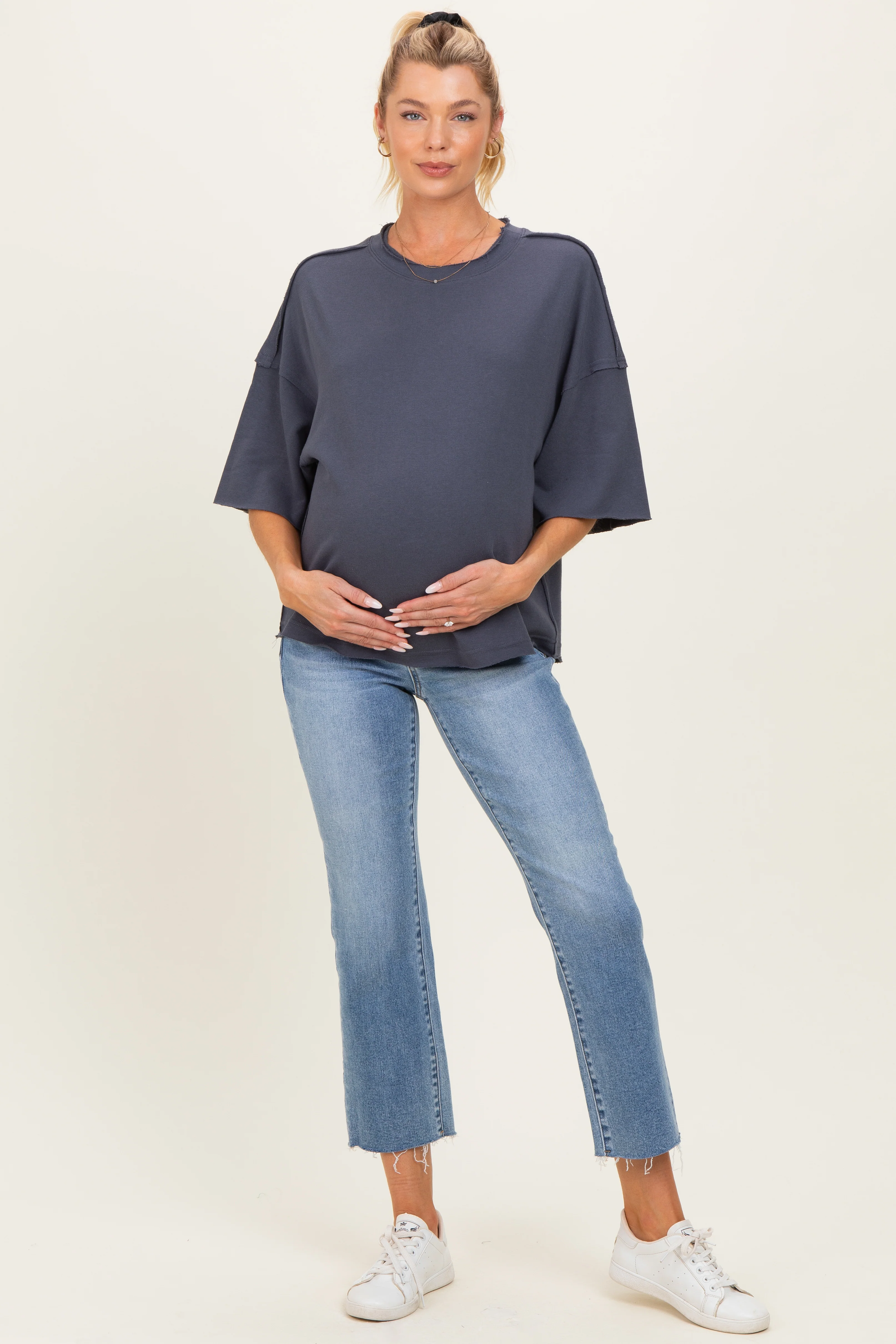 Denim Blue Raw Cut Edge Maternity Boxy Tee - Image 2