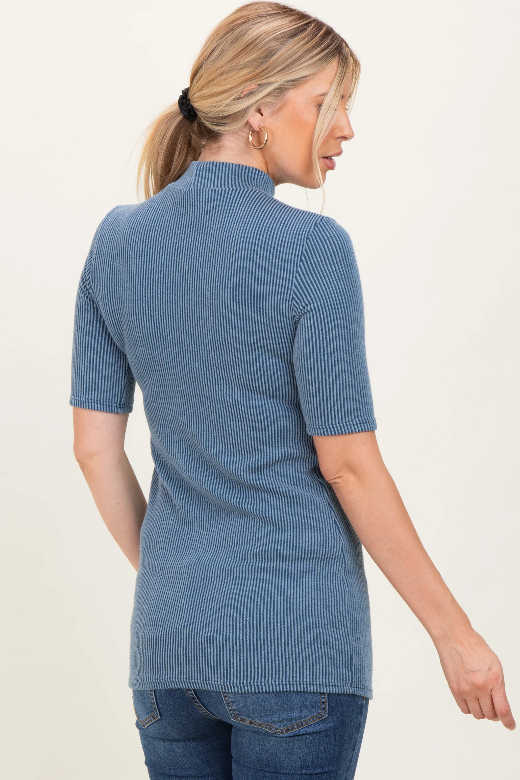 Denim Blue Soft Brushed Knit Mock Neck Top - Image 4