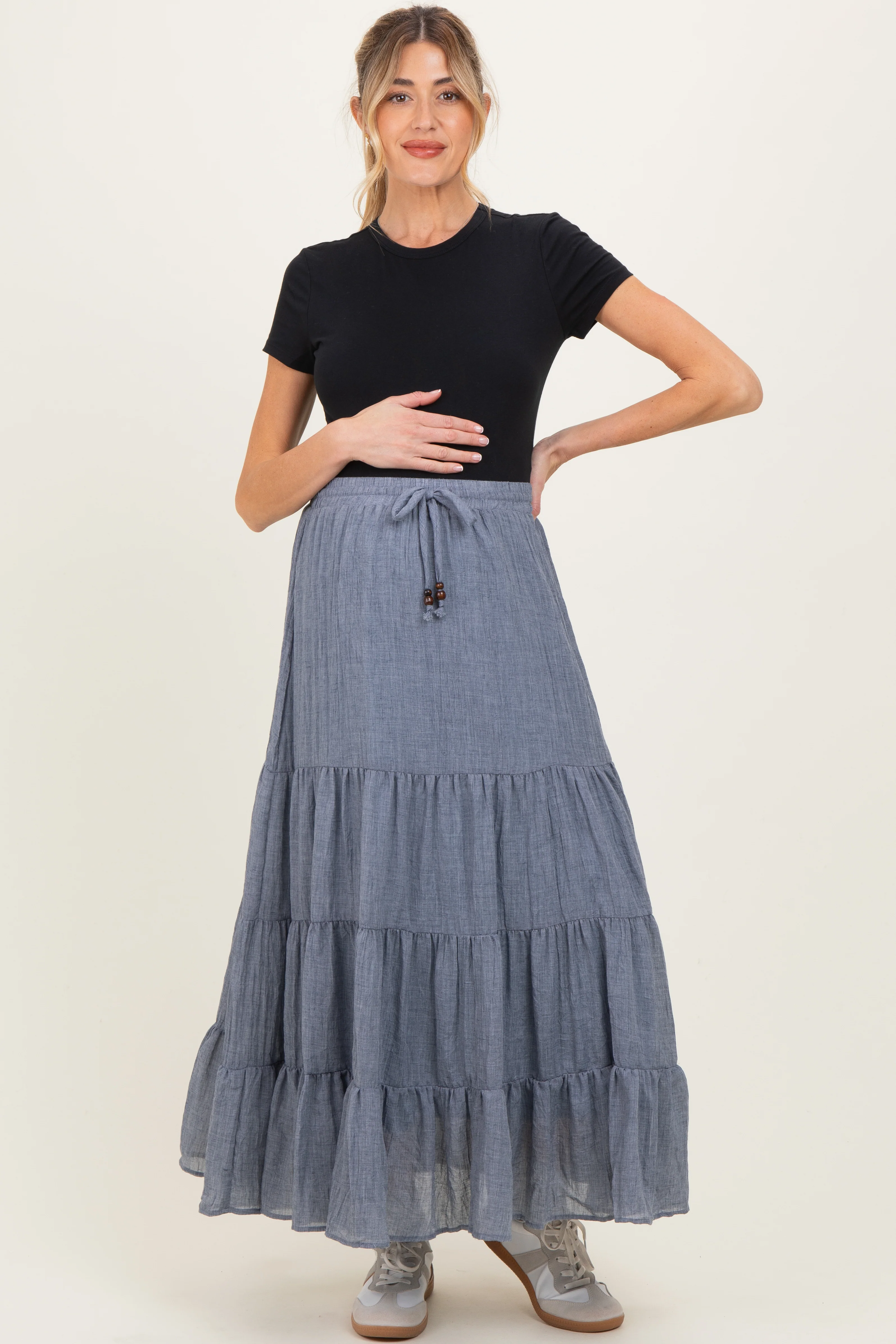 Denim Blue Tiered Drawstring Maternity Maxi Skirt - Image 3