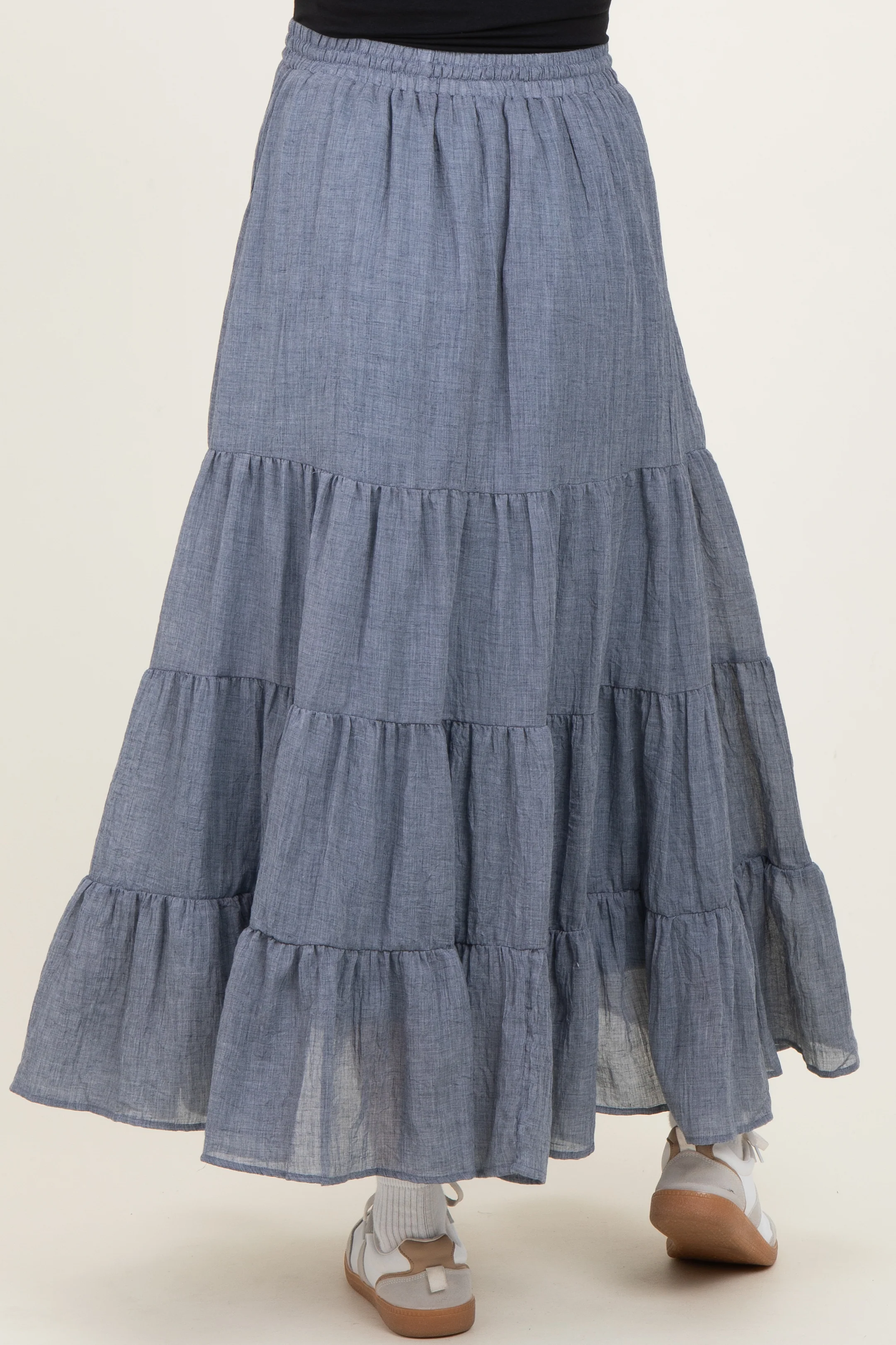 Denim Blue Tiered Drawstring Maternity Maxi Skirt - Image 4