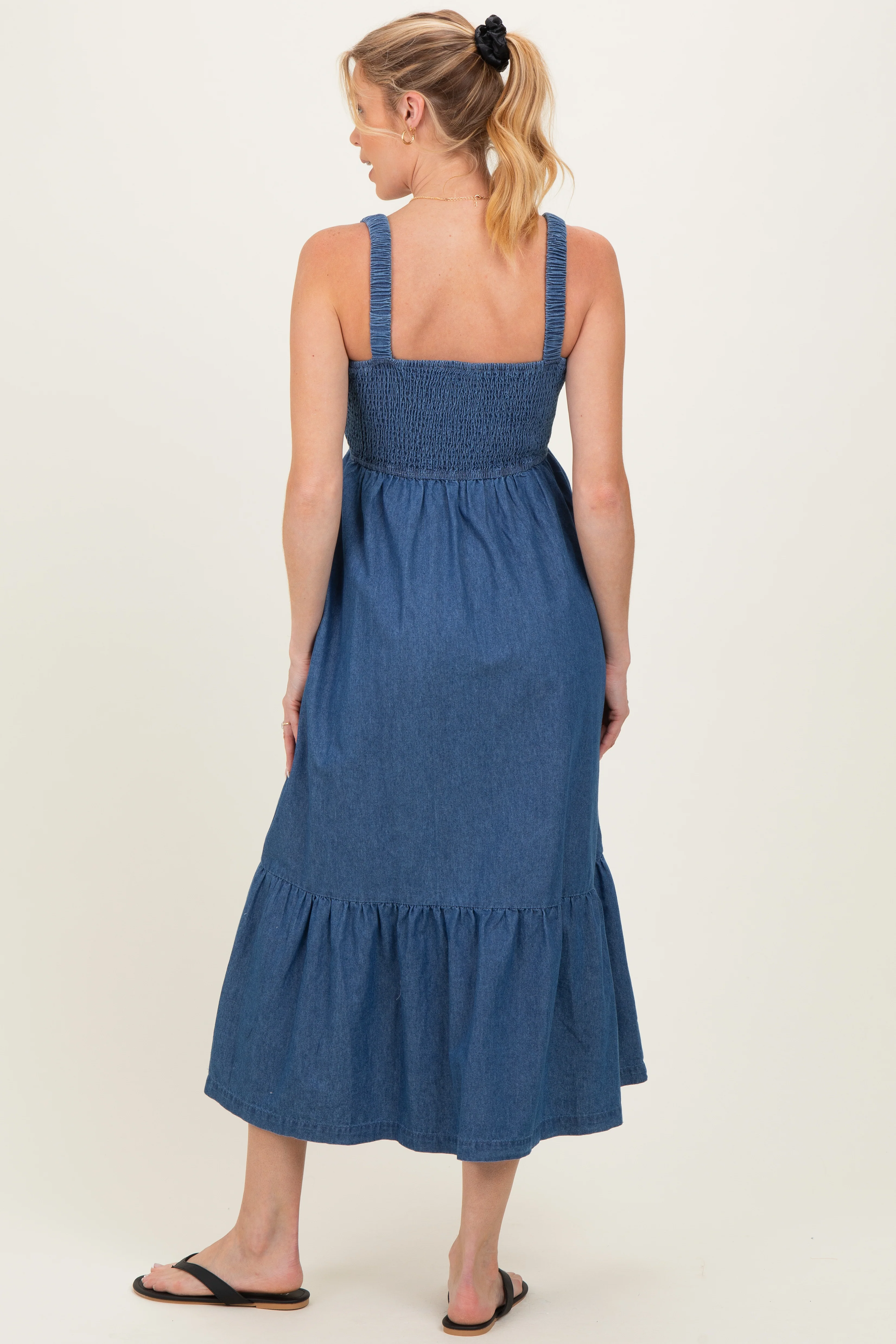 Denim Chambray Smocked Sleeveless Maternity Midi Dress - Image 3
