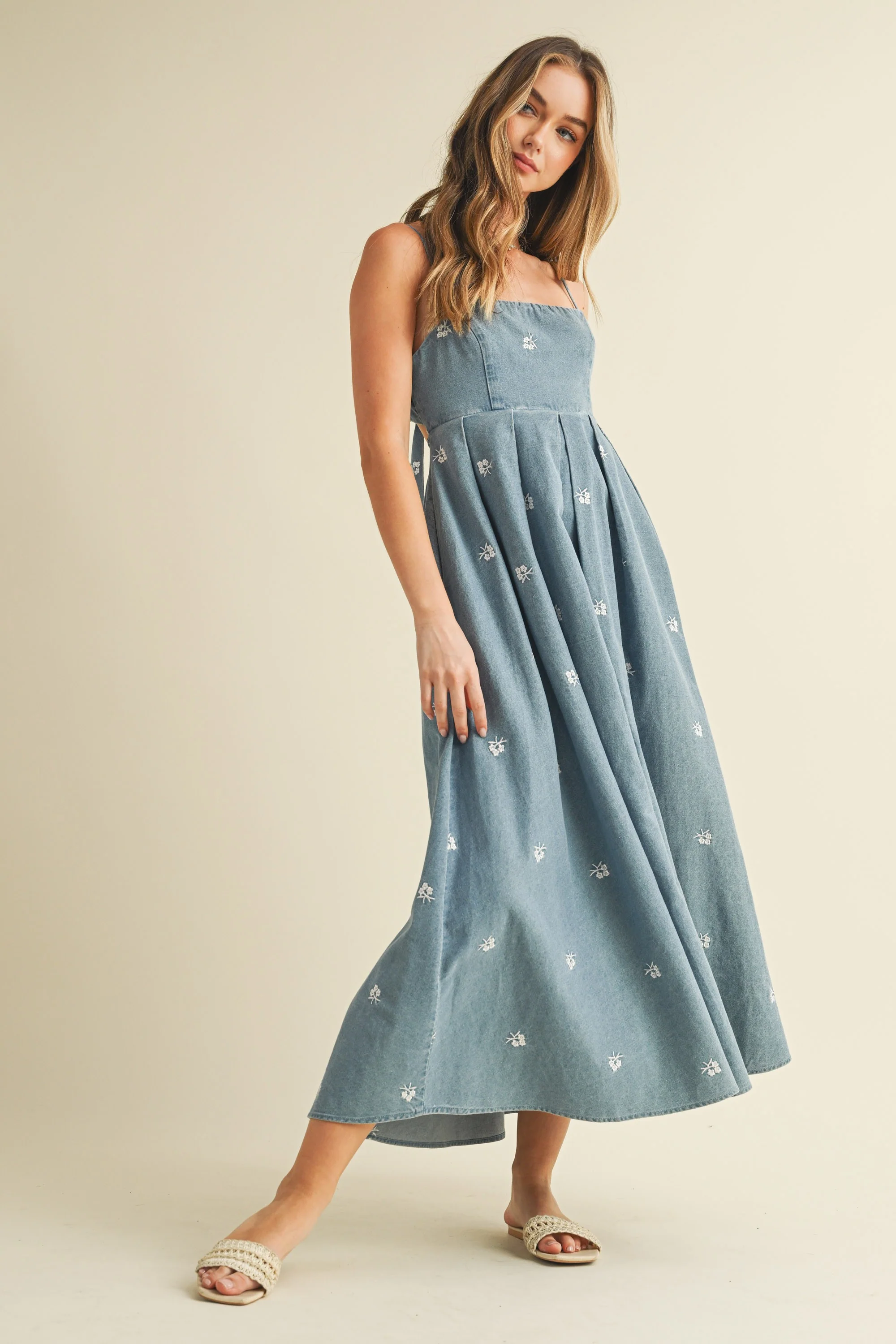 Denim Tied Back Embroidered Midi Dress - Image 3