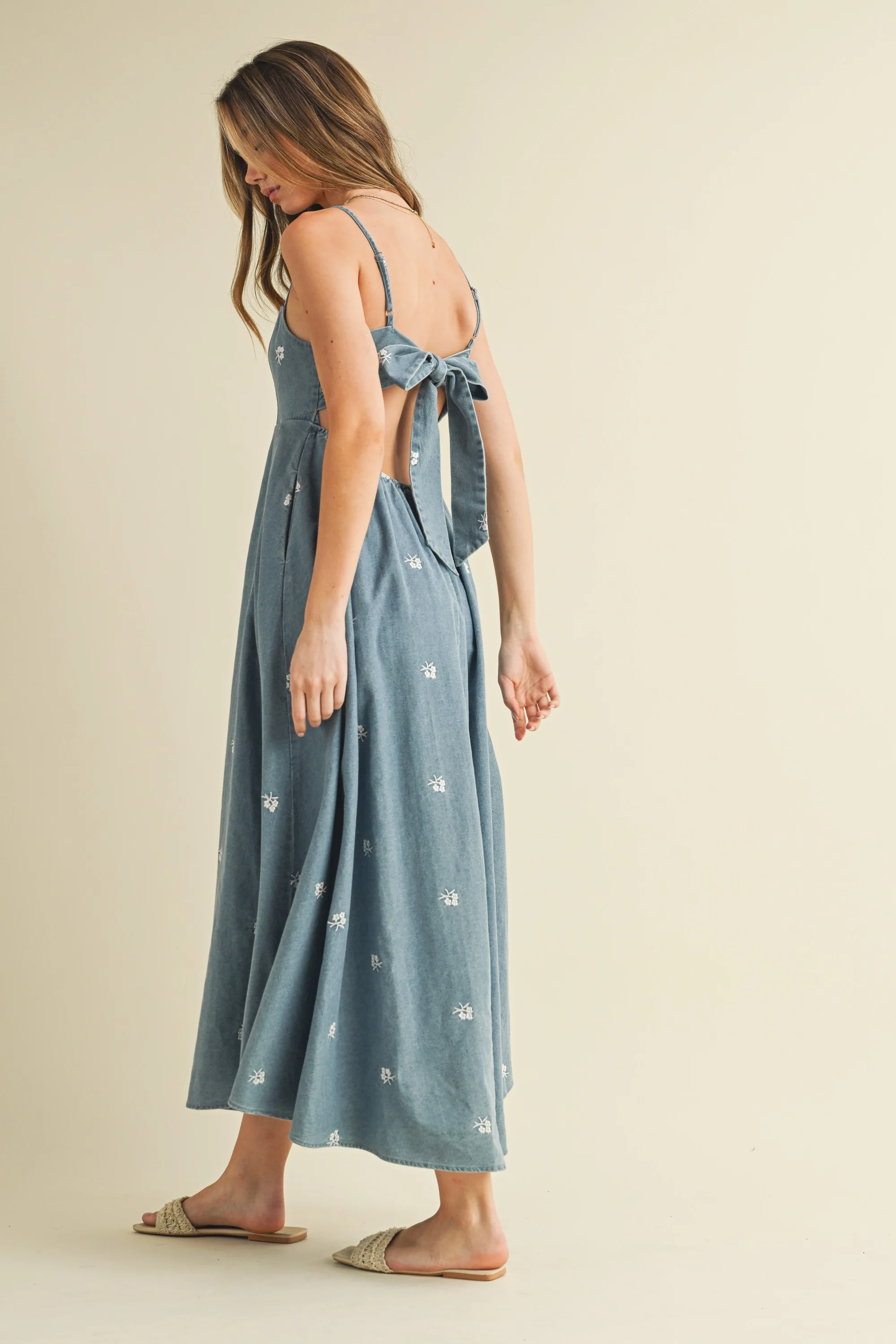 Denim Tied Back Embroidered Midi Dress - Image 4
