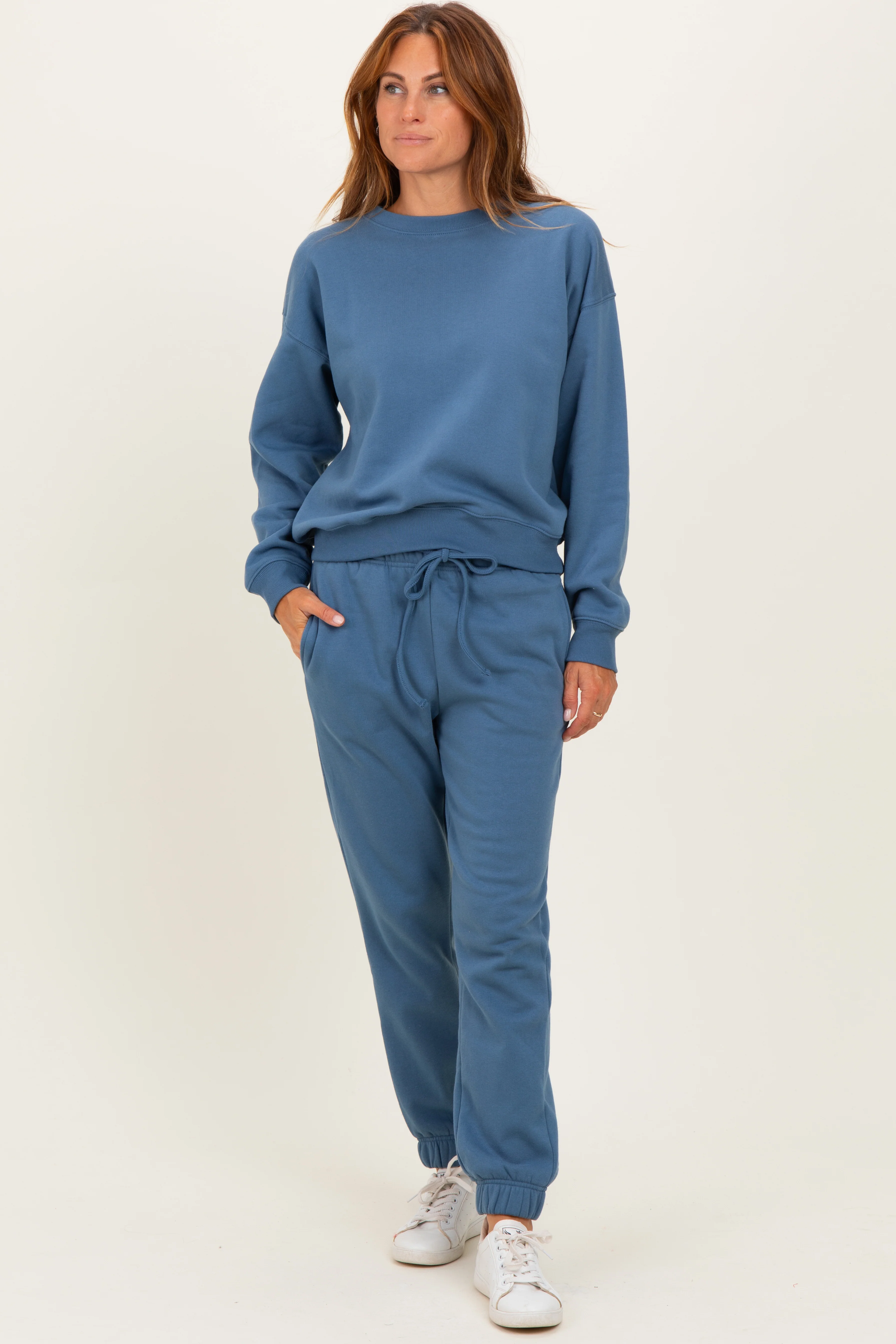 Dusty Blue Fleece Long Sleeve Maternity Pullover & Jogger Set - Image 4