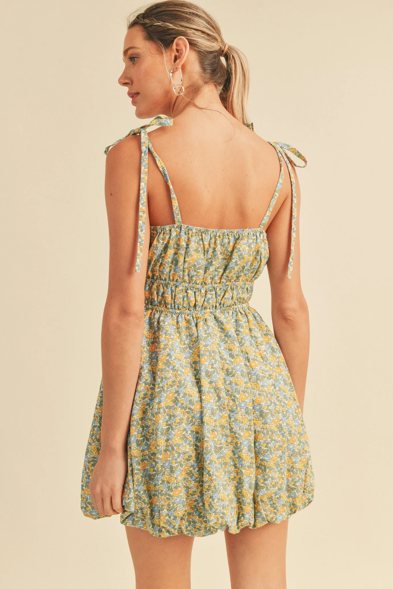 Dusty Blue Floral Bubble Hem Mini Dress - Image 5