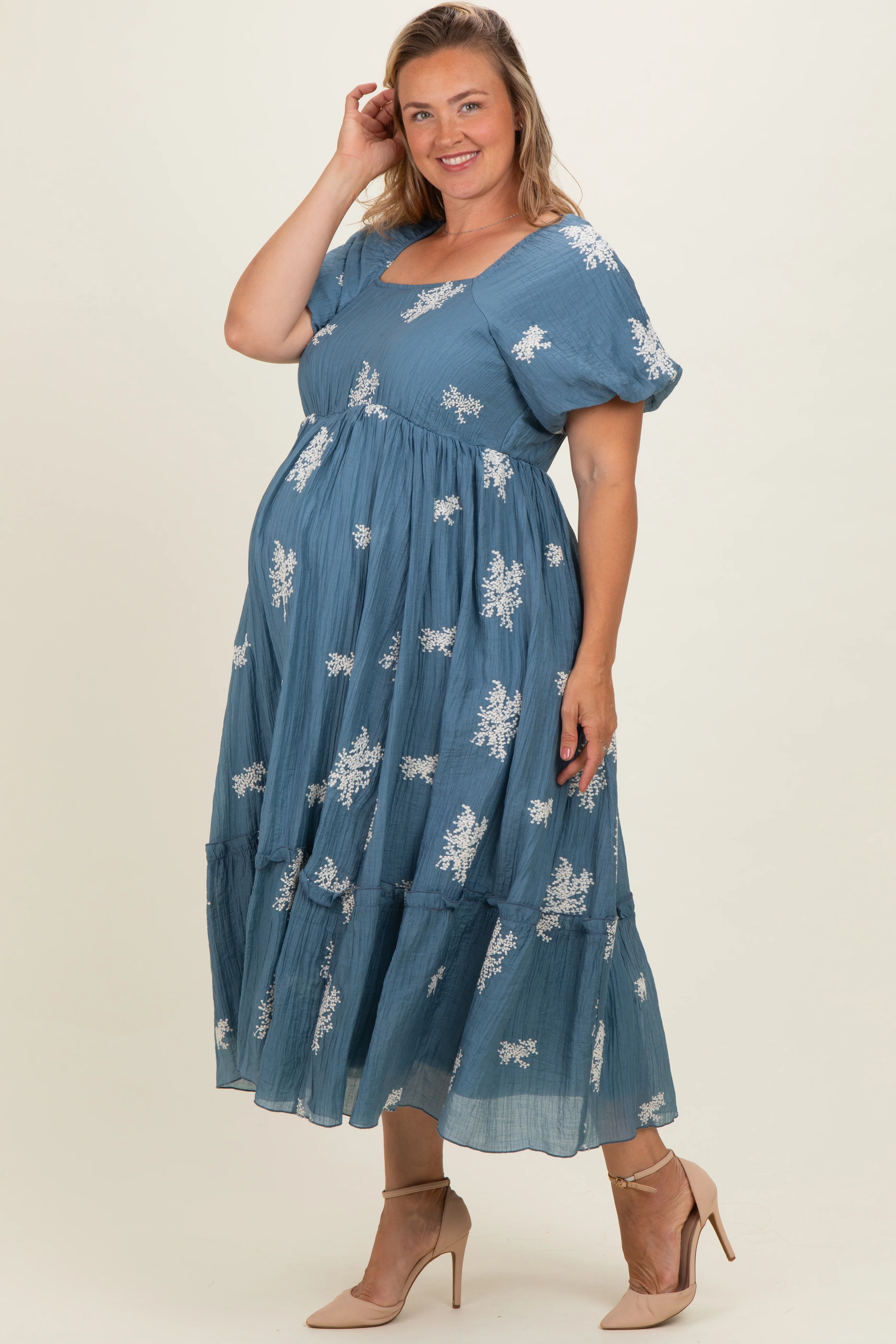 Dusty Blue Floral Print Ruffle Hem Maternity Plus Midi Dress - Image 3