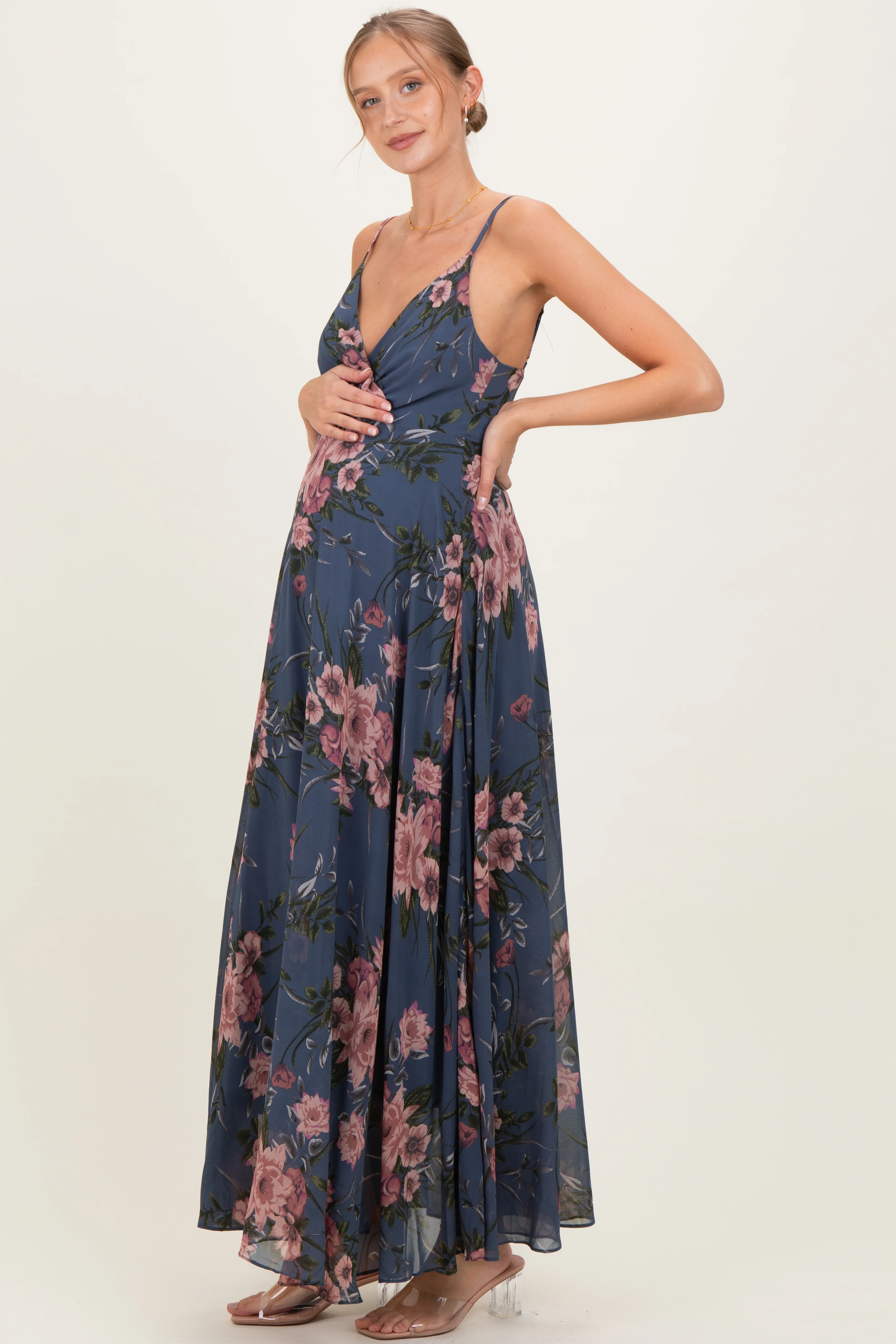 Dusty Blue Floral V-Neck Sleeveless Maternity Maxi Dress - Image 3