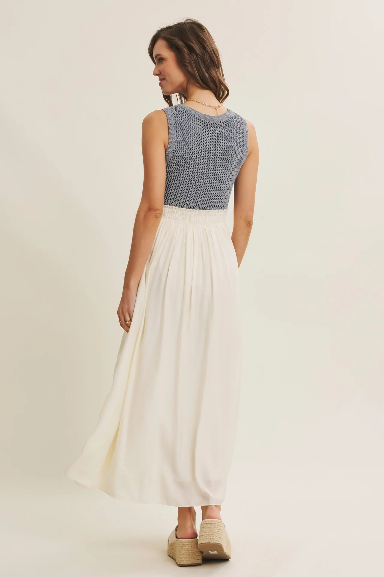 Dusty Blue Knit Bodice Contrast Skirt Maxi Dress - Image 4